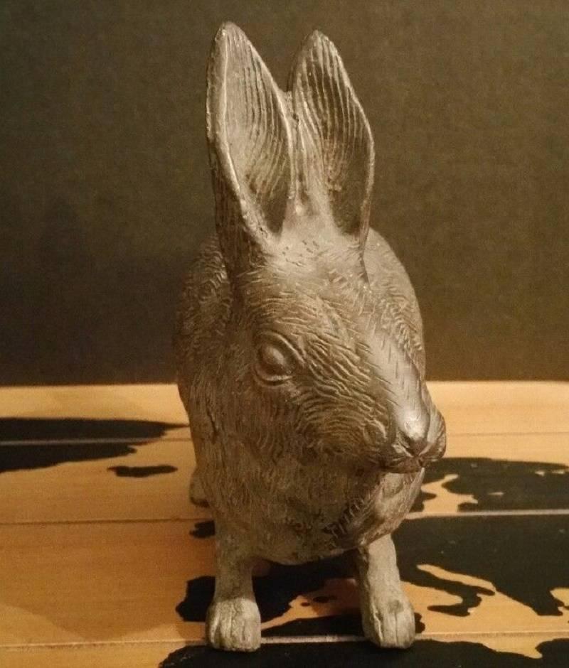 Japan Antique Hand Cast Bronze Scampering Rabbit Pricked Ears Fine Details In Good Condition In South Burlington, VT