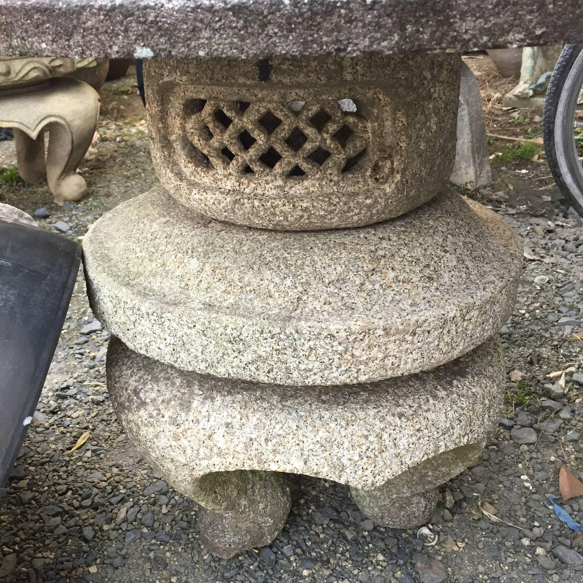 19th Century Japanese Antique Hand-Carved Granite Temple Lotus Lantern Meiji Era