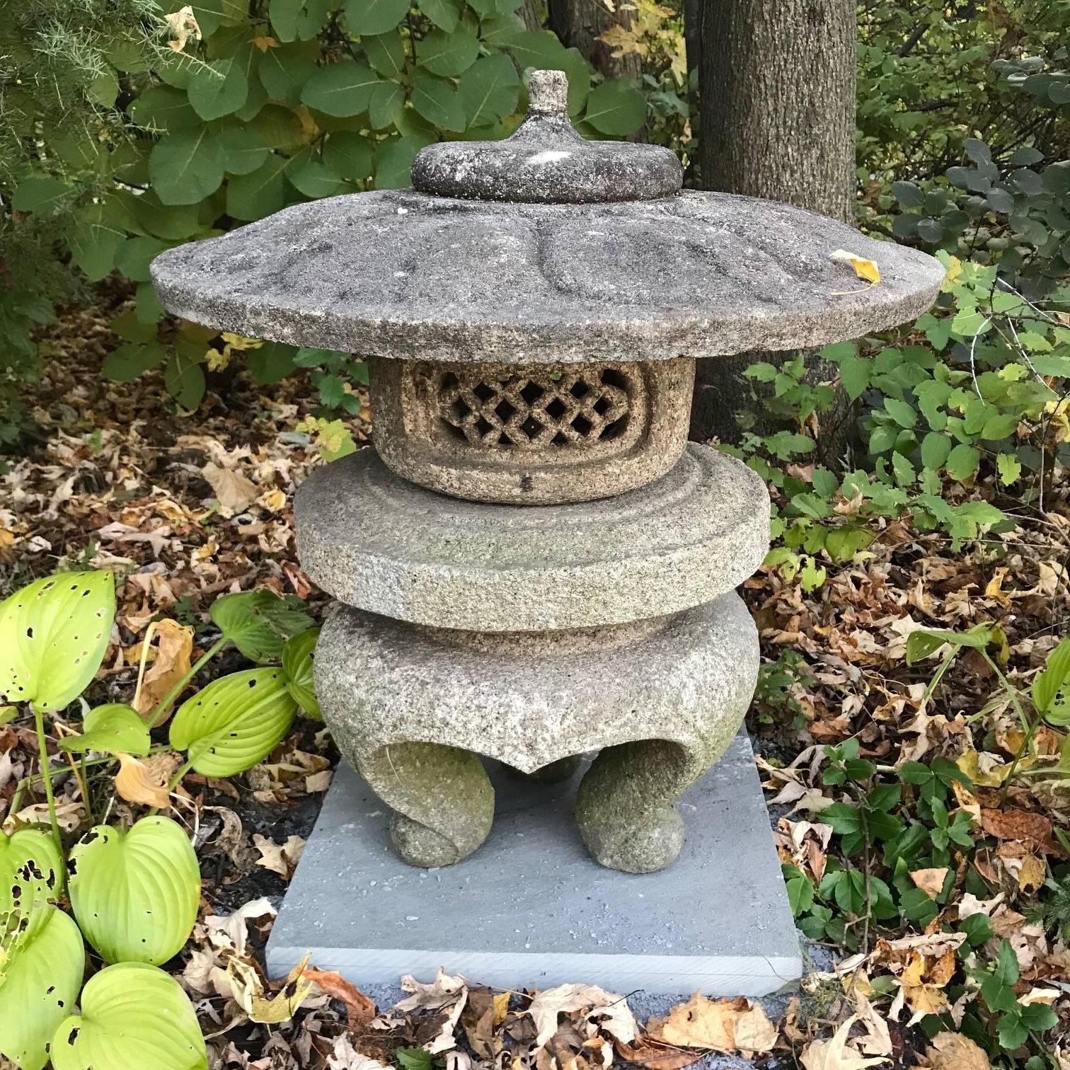 A Japanese antique hand-carved granite temple Lotus Lantern, Meiji era (1868-1912)

This the first example of this hard to find round -maru- temple style with lotus leaf carved top , we have had in over five years.

Also known as a “Yukimi” granite