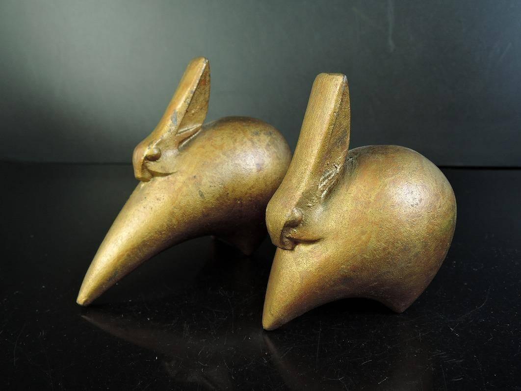 20th Century Art Deco Rabbits Pair of Hand Cast Bronze Antiques from Japan