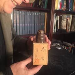 Japanese Lovely Antique Glazed Miniature Owl Incense Container Mint Signed Boxed