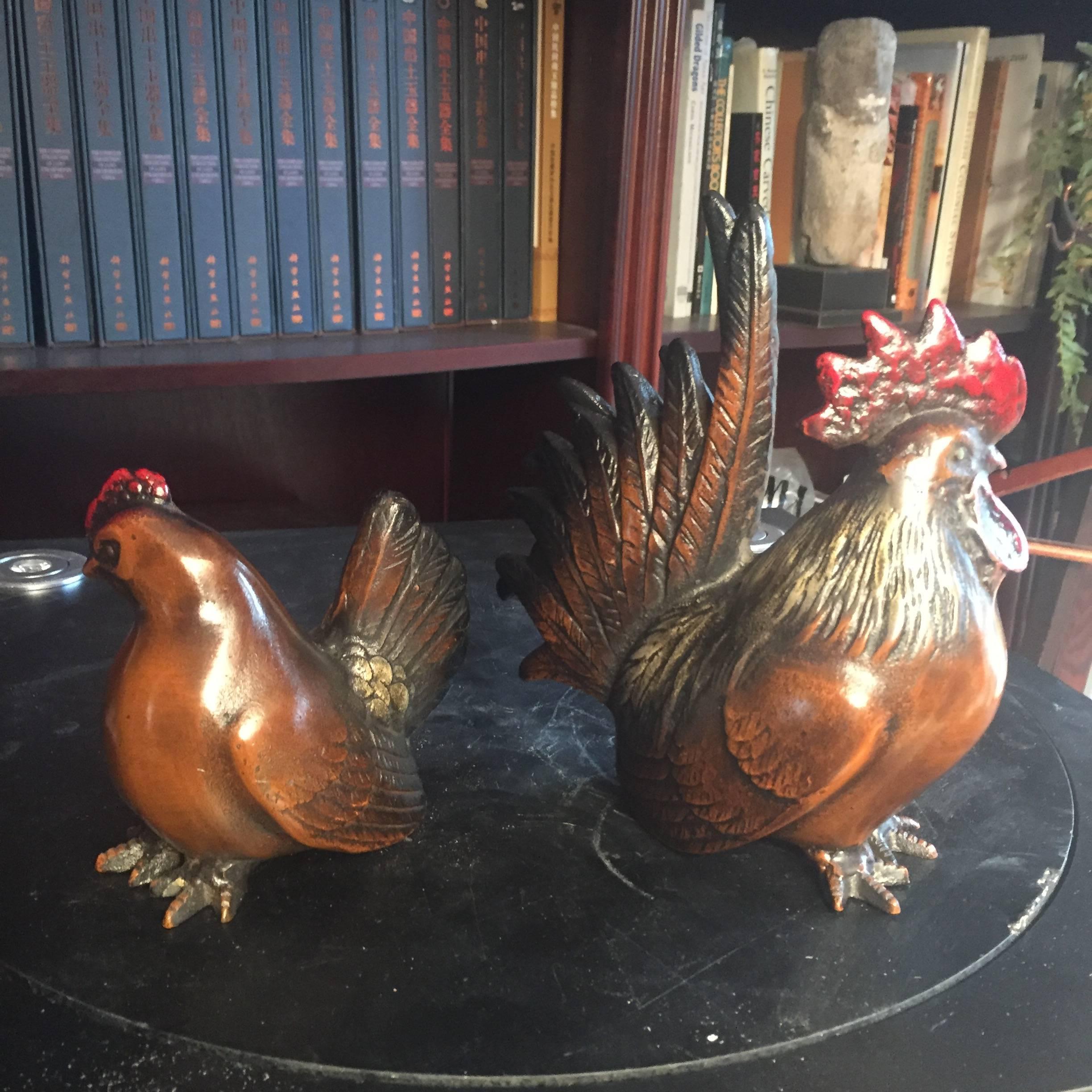 Japanese Pair of Old Hand-Painted Hand Cast Rooster Hen Colorful Duo 4