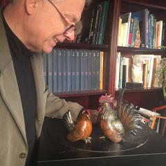 Japanese Pair of Old Hand-Painted Hand Cast Rooster Hen Colorful Duo