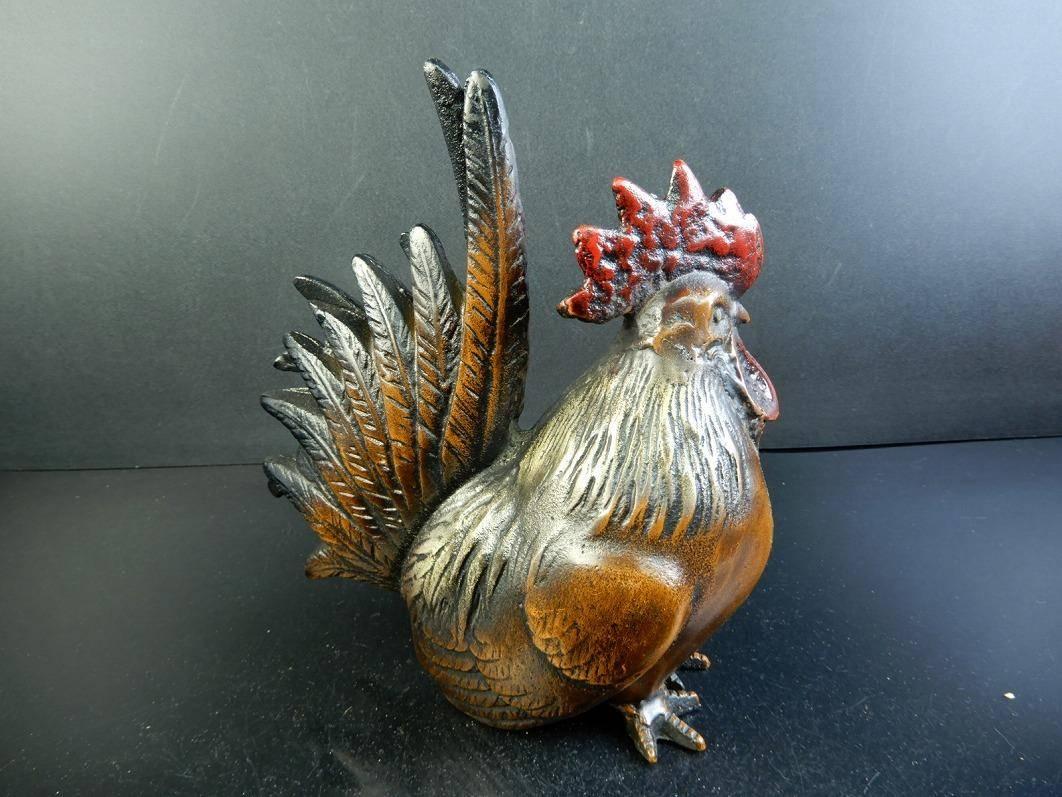 Iron Japanese Pair of Old Hand-Painted Hand Cast Rooster Hen Colorful Duo