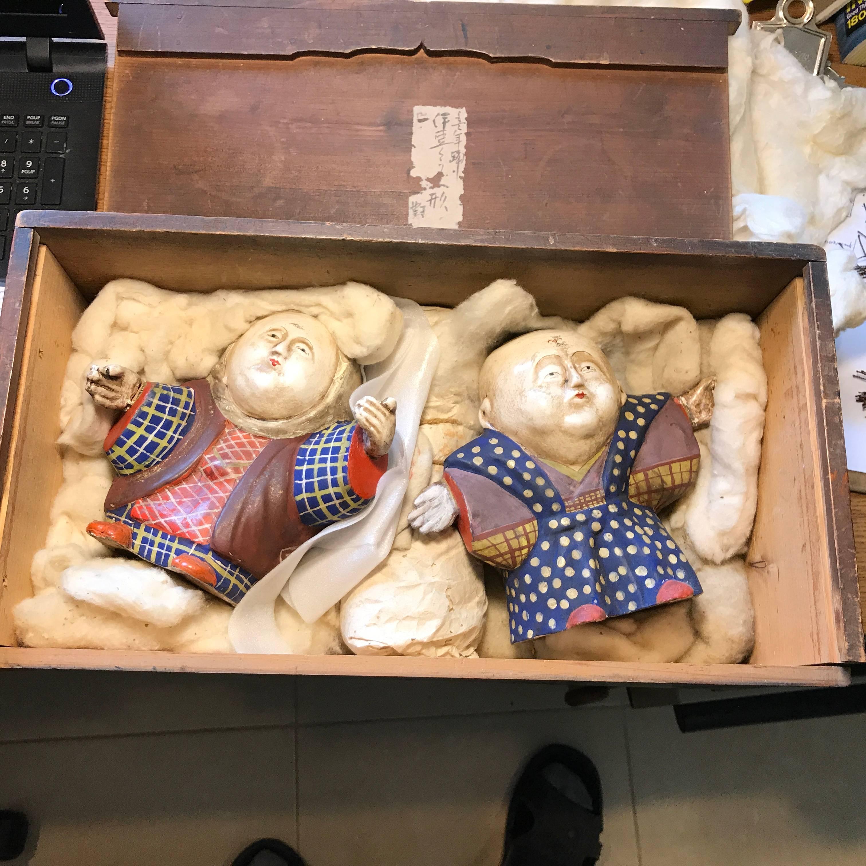 Ceramic Japan Pair of Ningyo Dolls in Original Box, Taisho Period Signed & Boxed