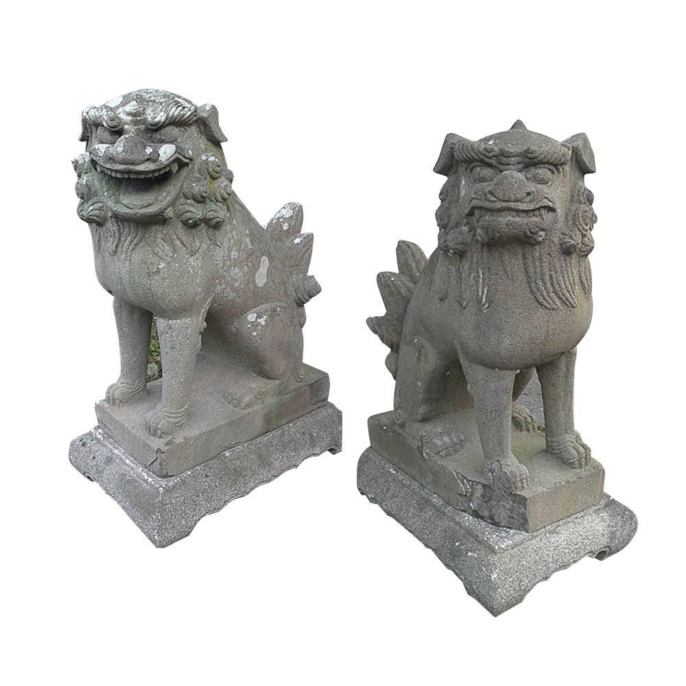 Japanese Japan Important Early Temple Lions Hand-Carved Stone Pair of Old Kyoto 