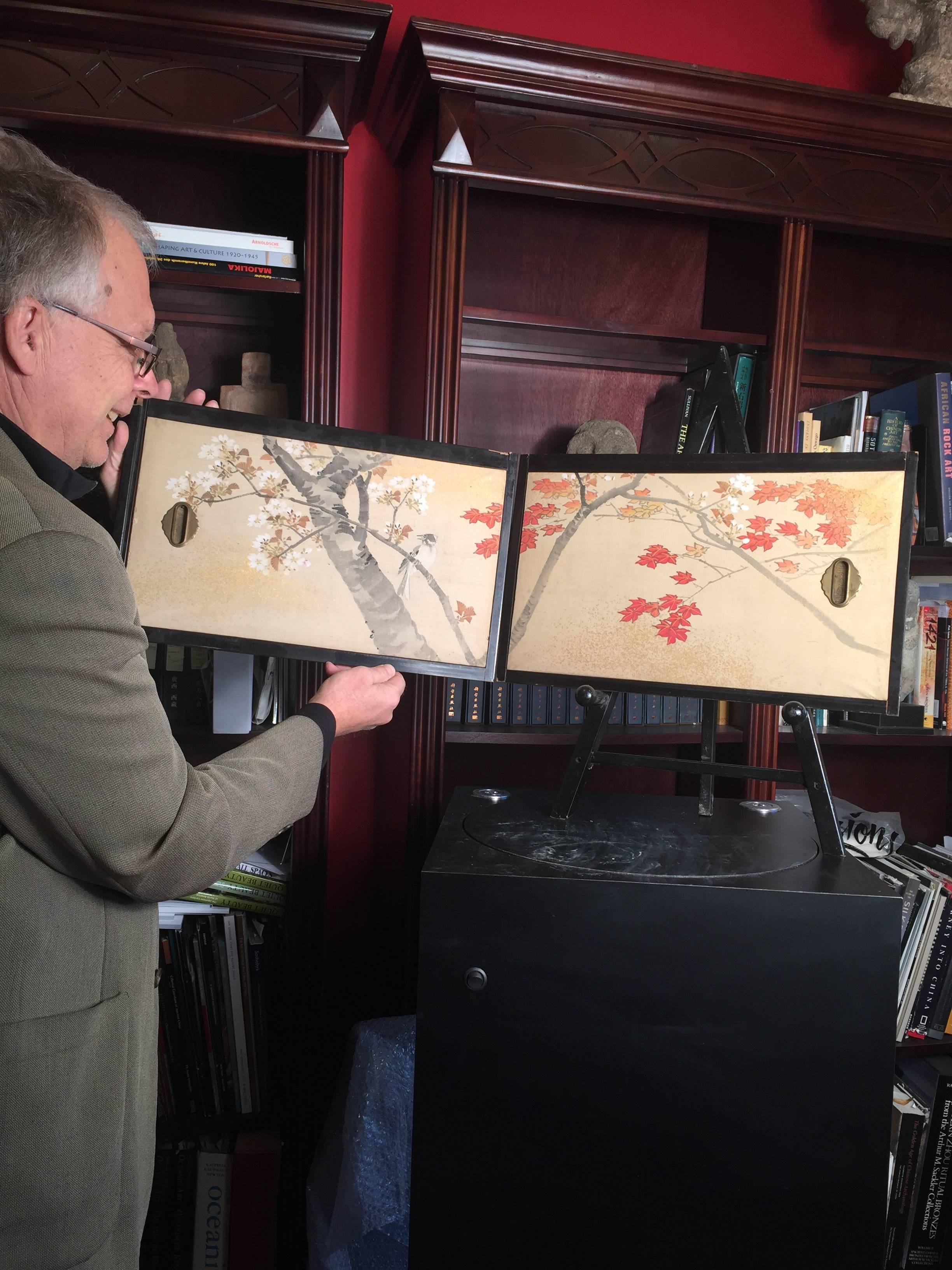 Here's a Japanese antique pair of attractive hand-painted gold gilt mist Birds, maples and flowering plum tree, thin Fusima door panels that make stunning tabletop or wall art.

Each door panel is hand-painted in red, grey, black, white, ochre ink