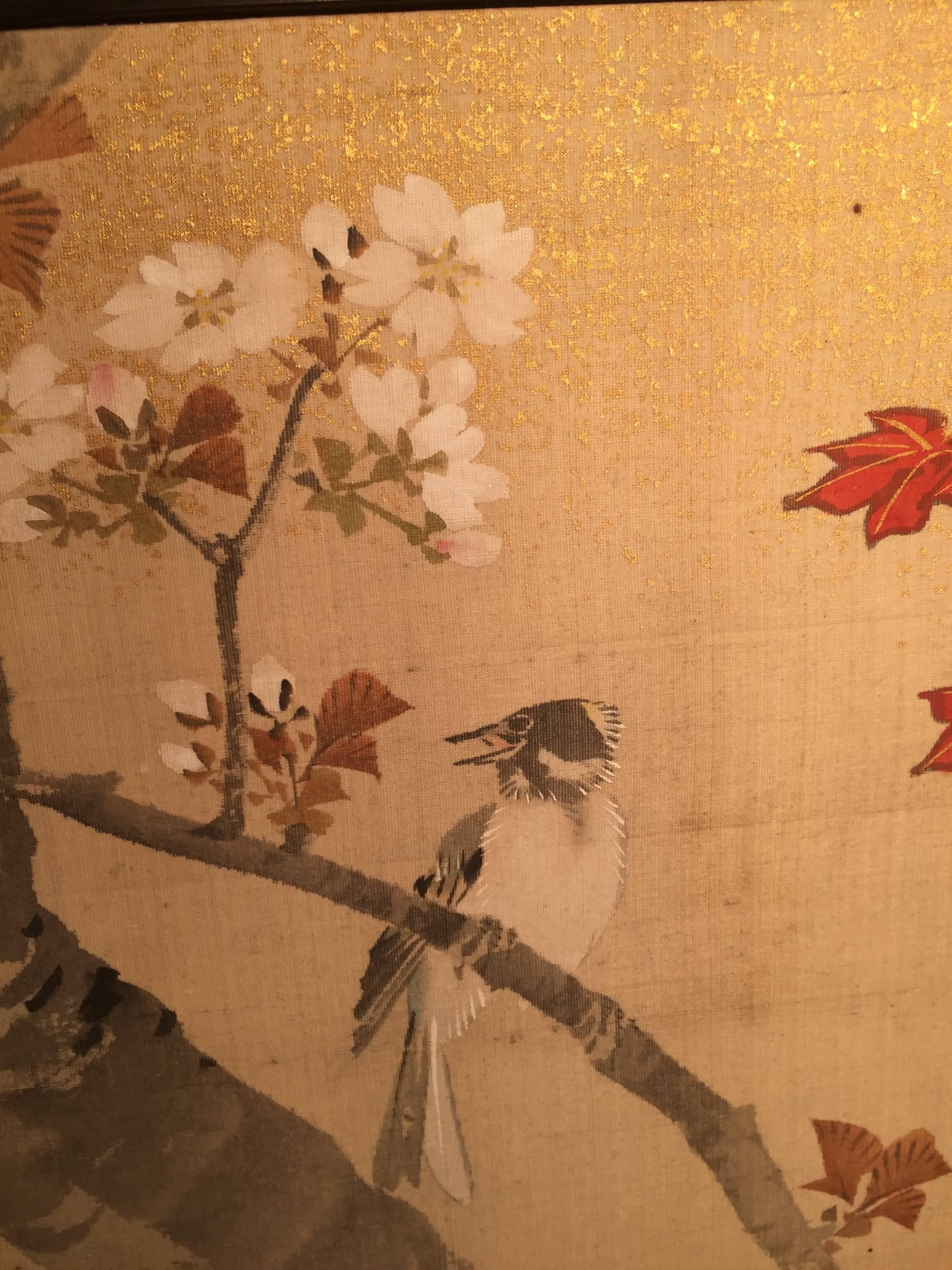 Hand-Crafted Japan Two Antique Hand-Painted Gold Mist Birds, Maples Flowering Tree Paintings