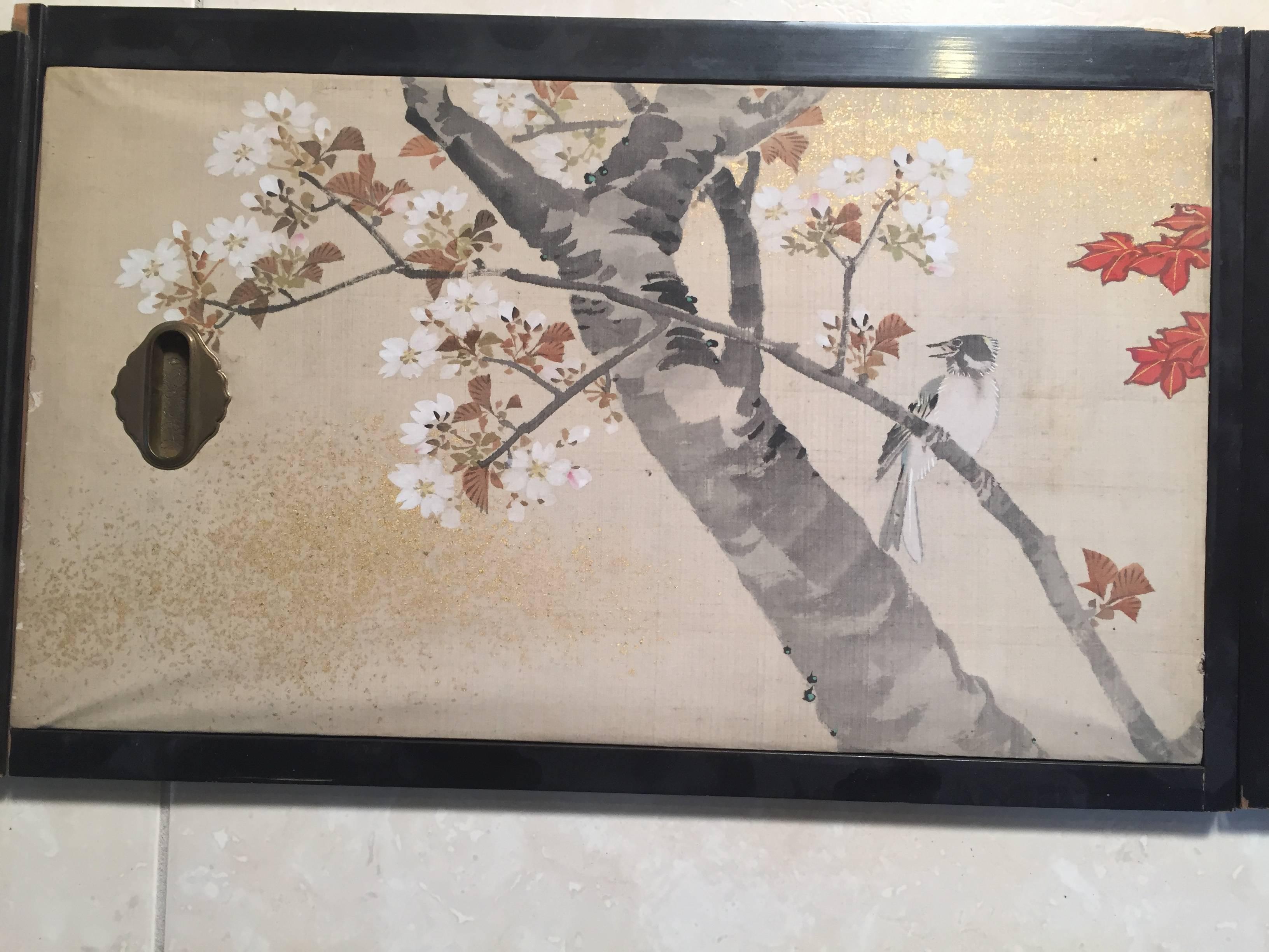 Taisho Japan Two Antique Hand-Painted Gold Mist Birds, Maples Flowering Tree Paintings