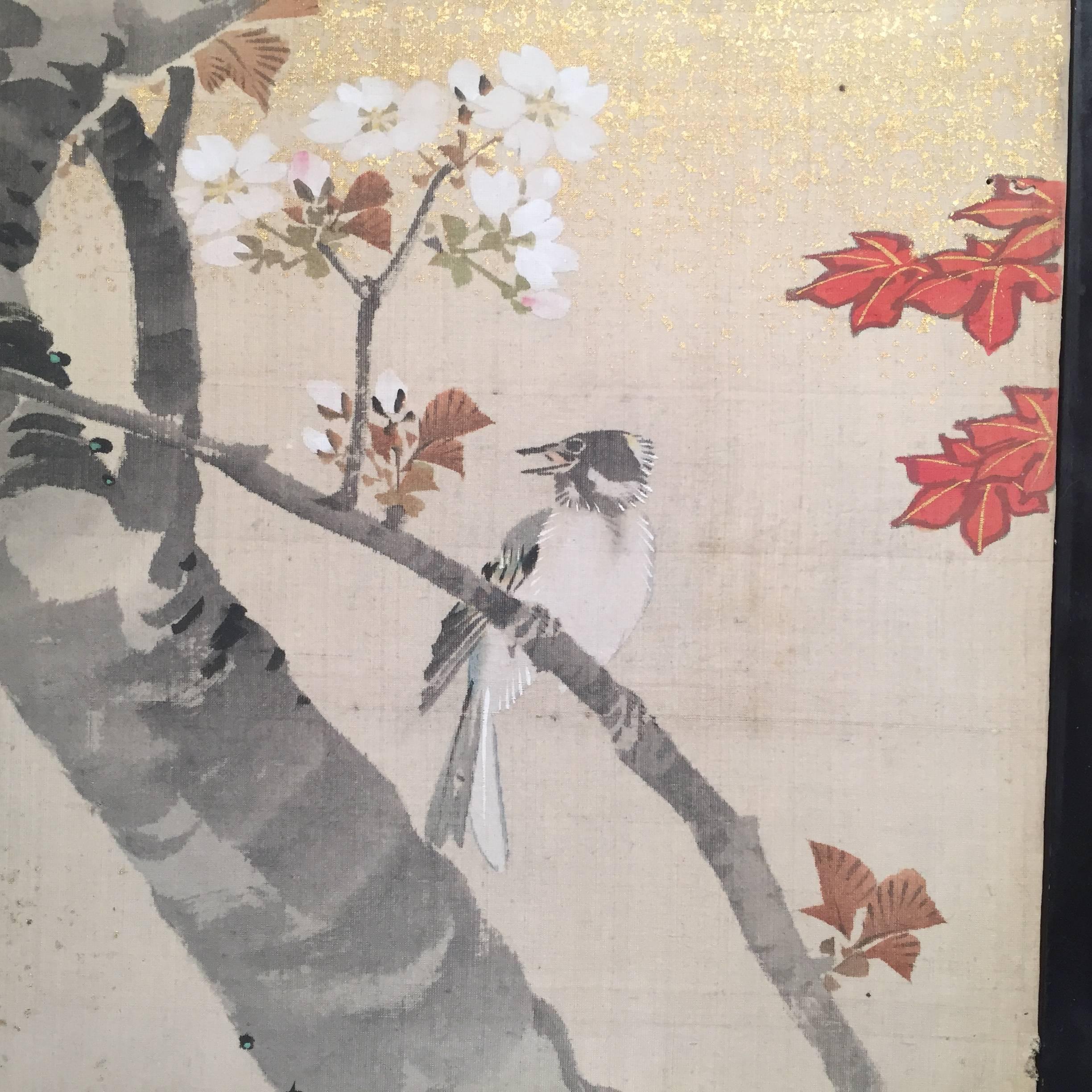 Japanese Japan Two Antique Hand-Painted Gold Mist Birds, Maples Flowering Tree Paintings