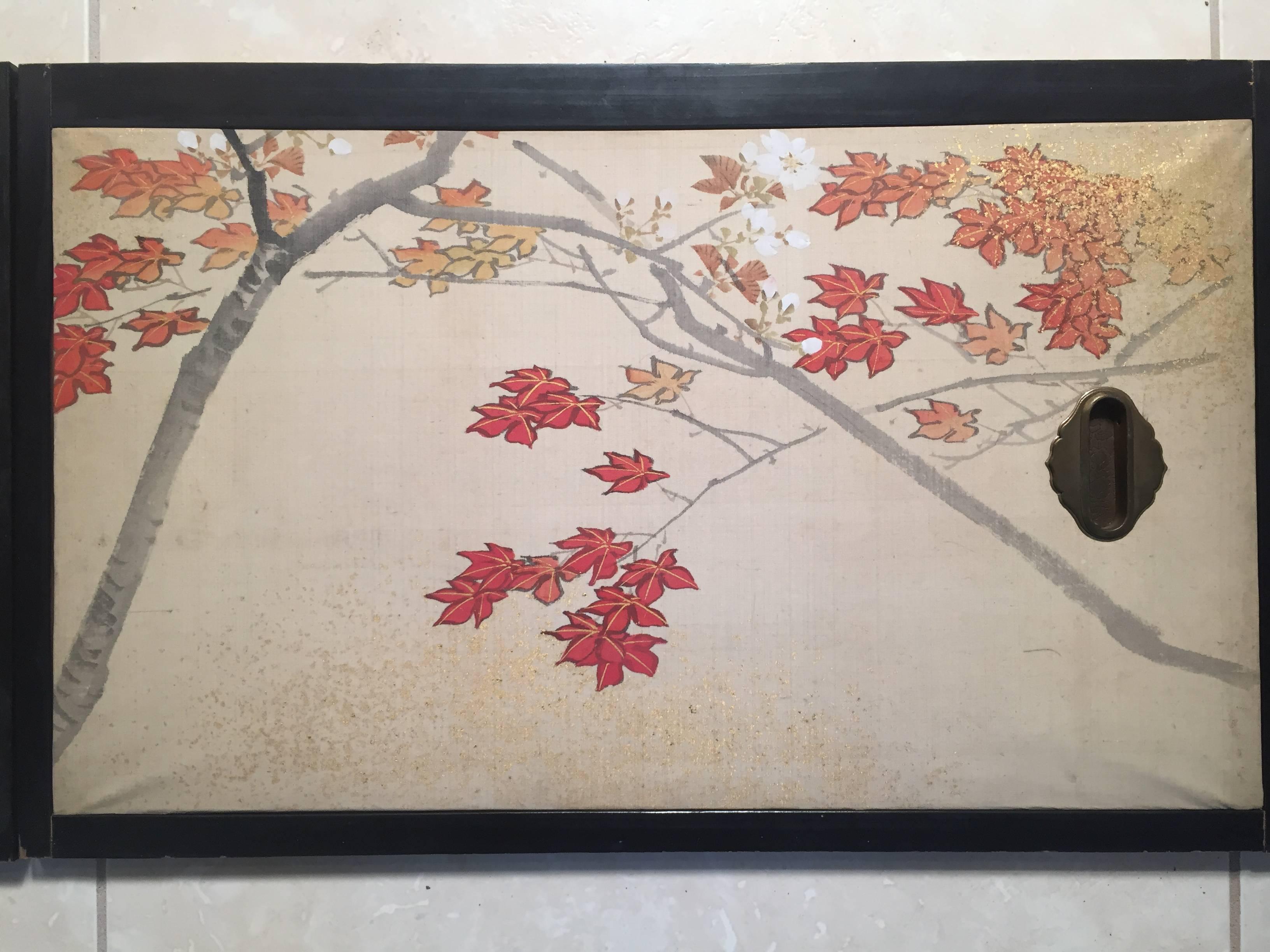 20th Century Japan Two Antique Hand-Painted Gold Mist Birds, Maples Flowering Tree Paintings