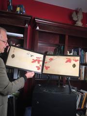 Japan Two Antique Hand-Painted Gold Mist "Birds and Maples"  Wall Paintings