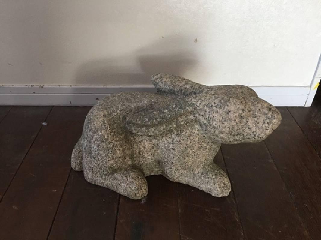 Here's one of the finer hand-carved granite stone rabbits we have had the pleasure of owning a superb garden treasure from Japan. 

This is a finely crafted hand-carved big eared effigy of a crouching rabbit usagi.

This was sourced from a large