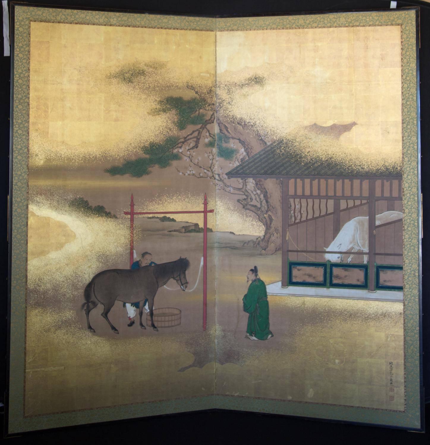 Hand-Painted Japanese HORSES Fine Antique Two-Panel Gold Mist Screen Meiji Period 19thc
