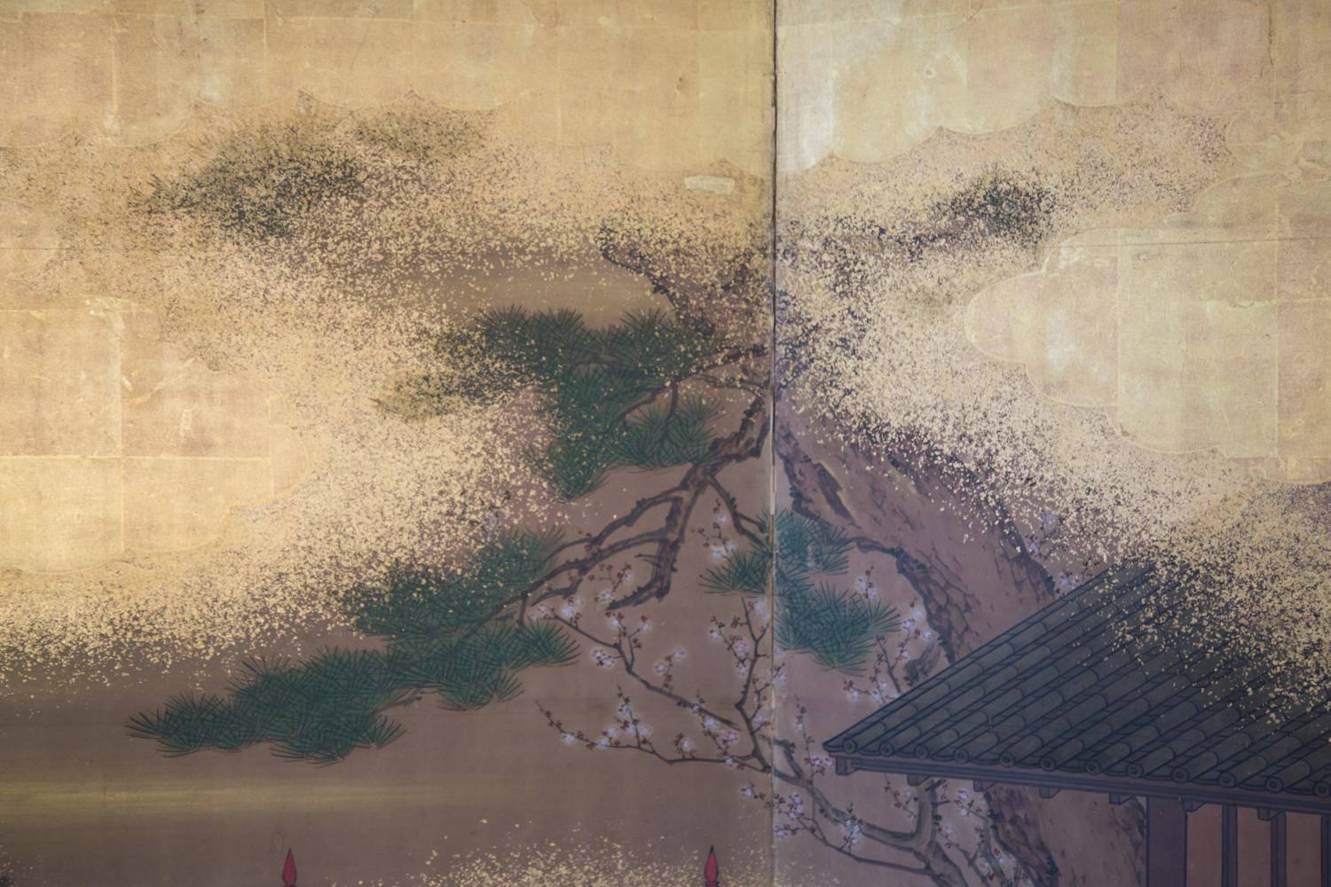 Japanese HORSES Fine Antique Two-Panel Gold Mist Screen Meiji Period 19thc 1