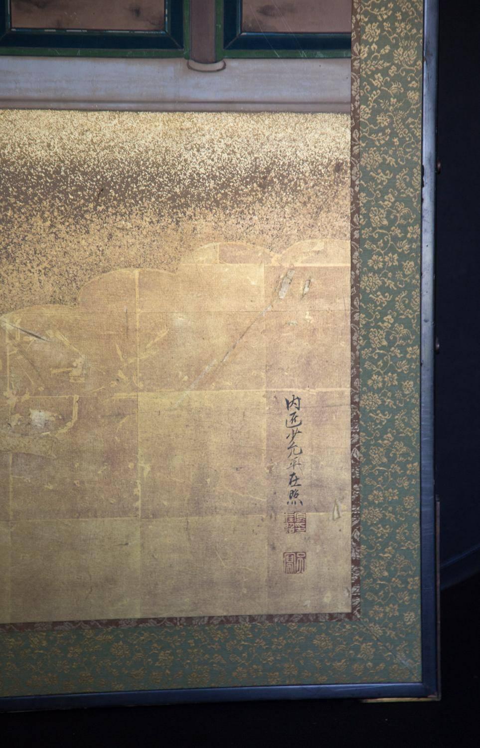 Japanese HORSES Fine Antique Two-Panel Gold Mist Screen Meiji Period 19thc 2