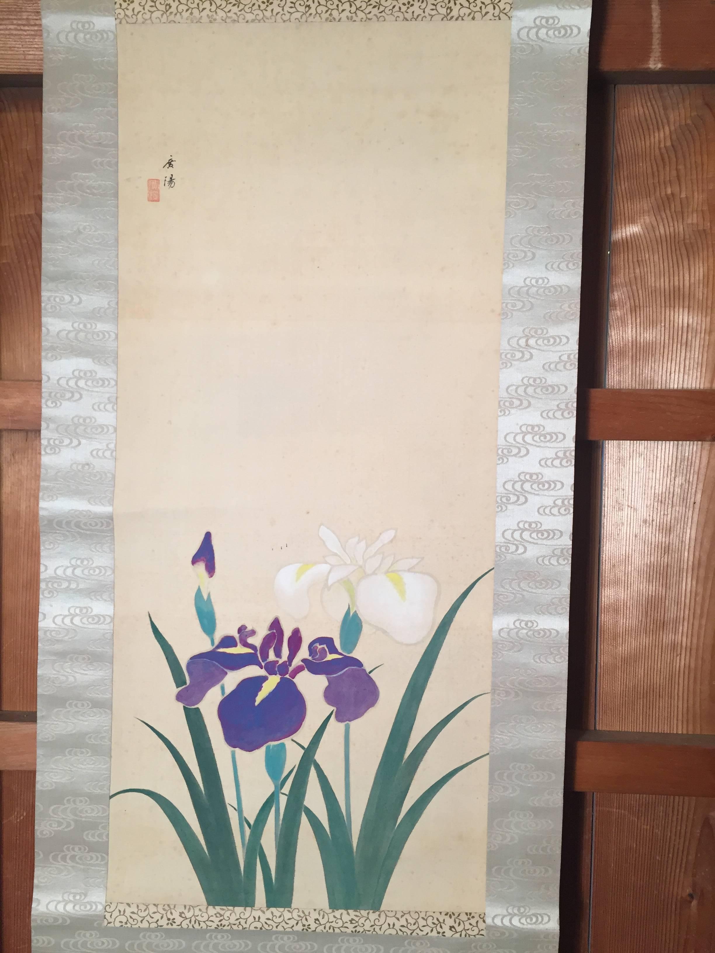 Taisho Blooming IRIS Japan Antique Hand-Painted Silk Scroll 100 Years Old