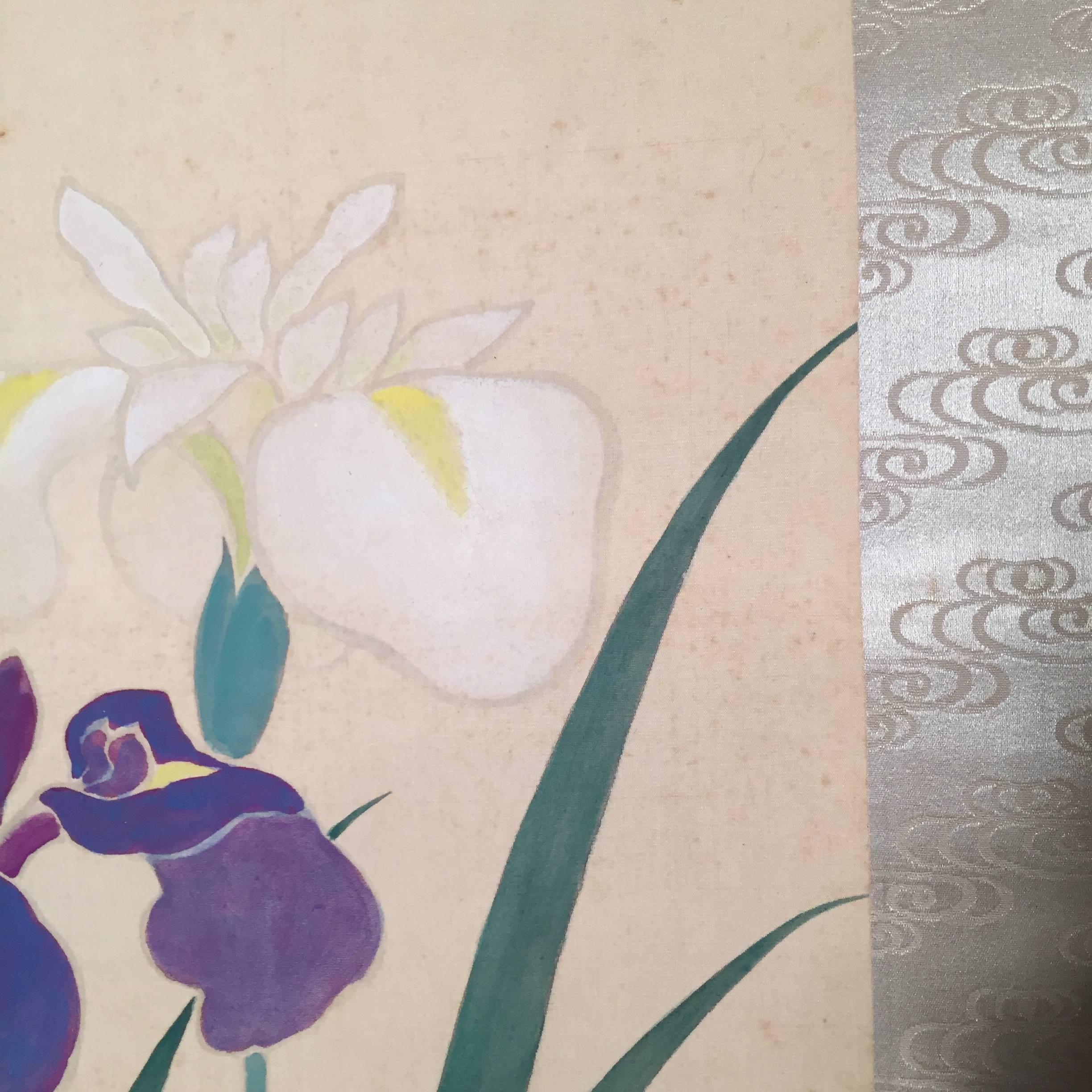 Blooming IRIS Japan Antique Hand-Painted Silk Scroll 100 Years Old In Good Condition In South Burlington, VT