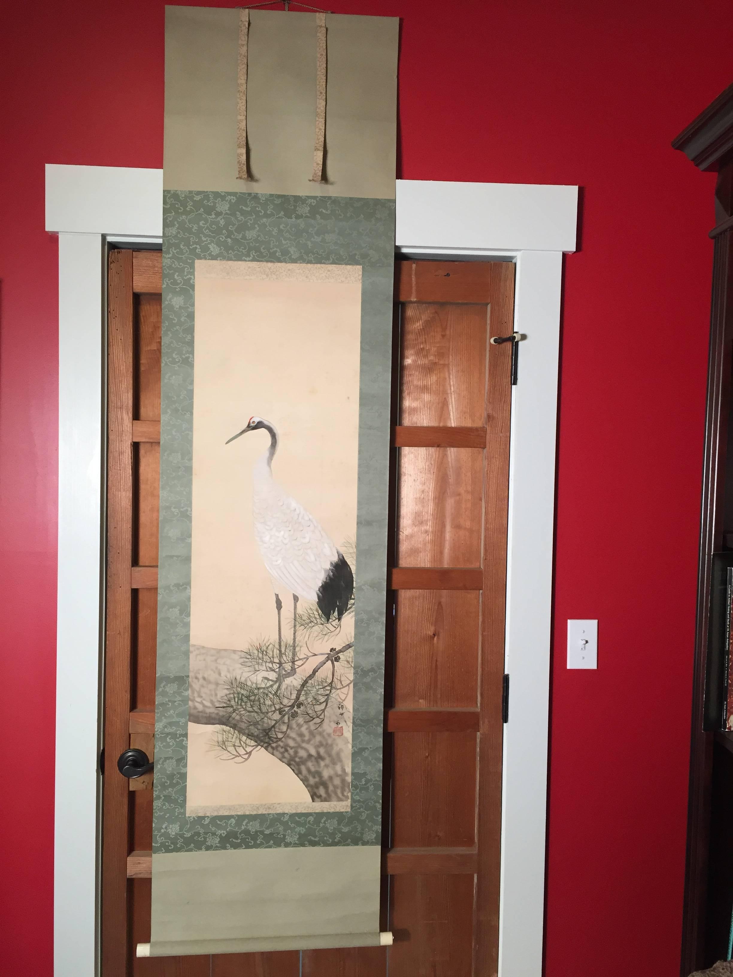 Hand-Painted Magnificent Red-Crowned Crane Japan Antique Hand Painted Silk Scroll
