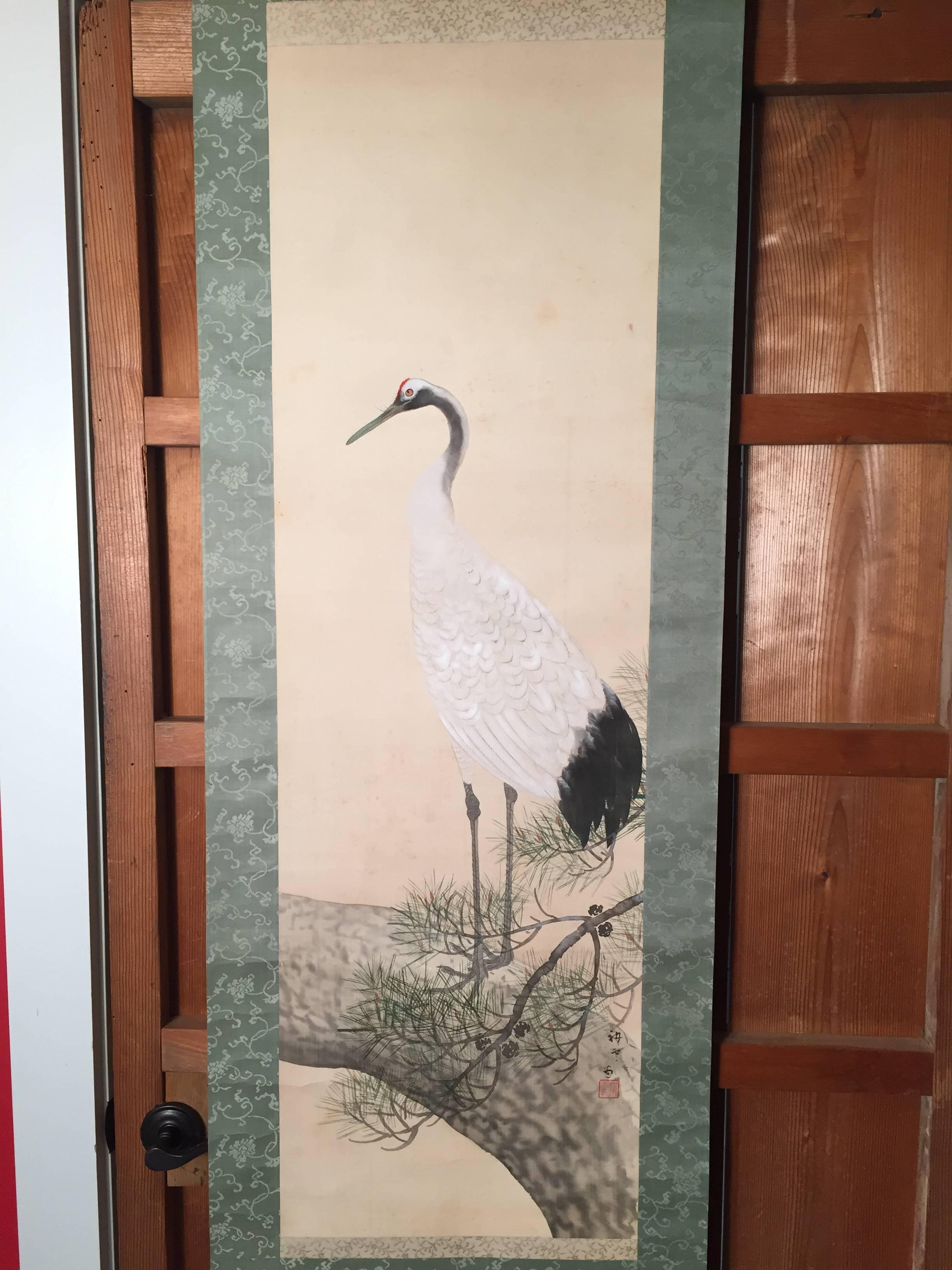 Japanese Magnificent Red-Crowned Crane Japan Antique Hand Painted Silk Scroll