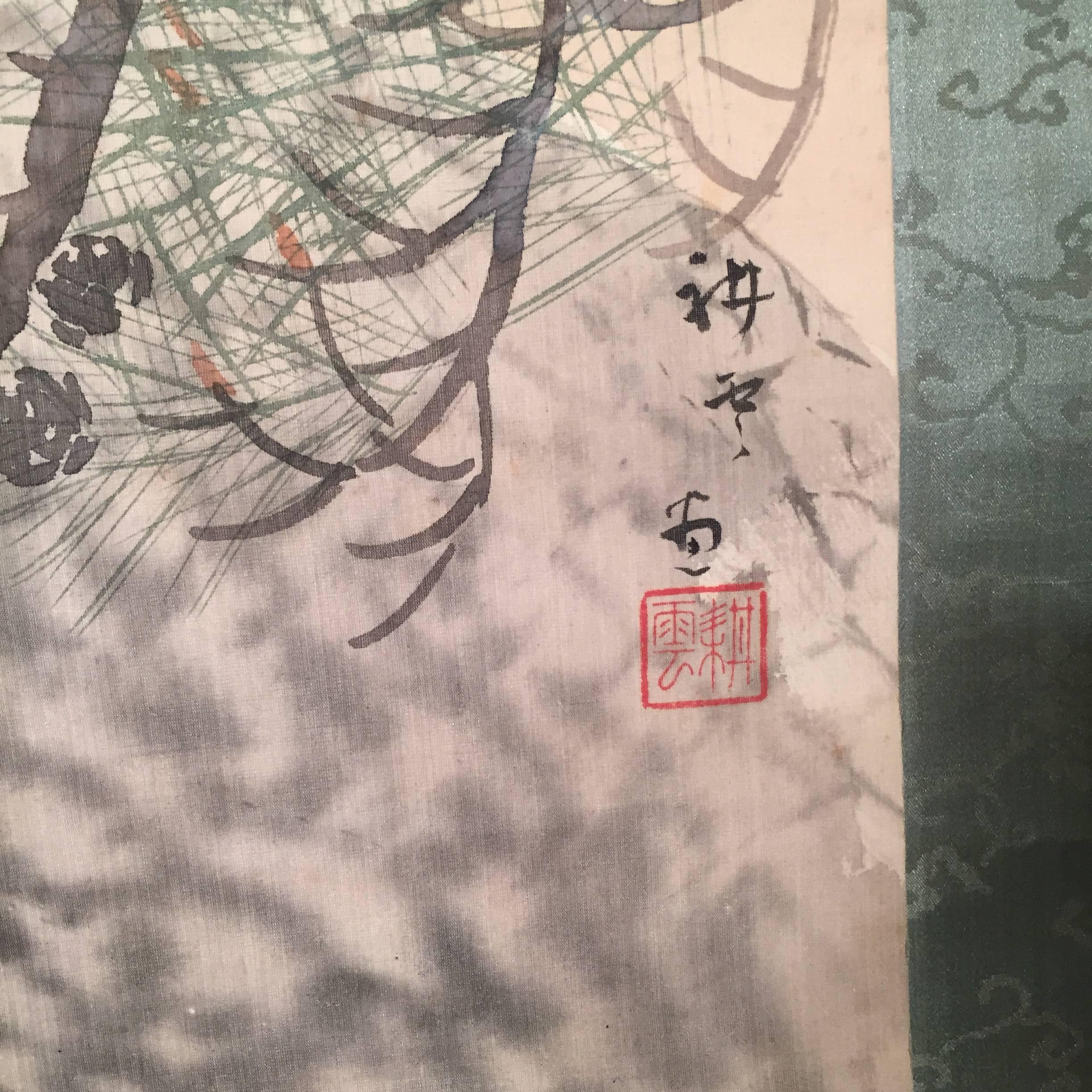 Magnificent Red-Crowned Crane Japan Antique Hand Painted Silk Scroll In Good Condition In South Burlington, VT