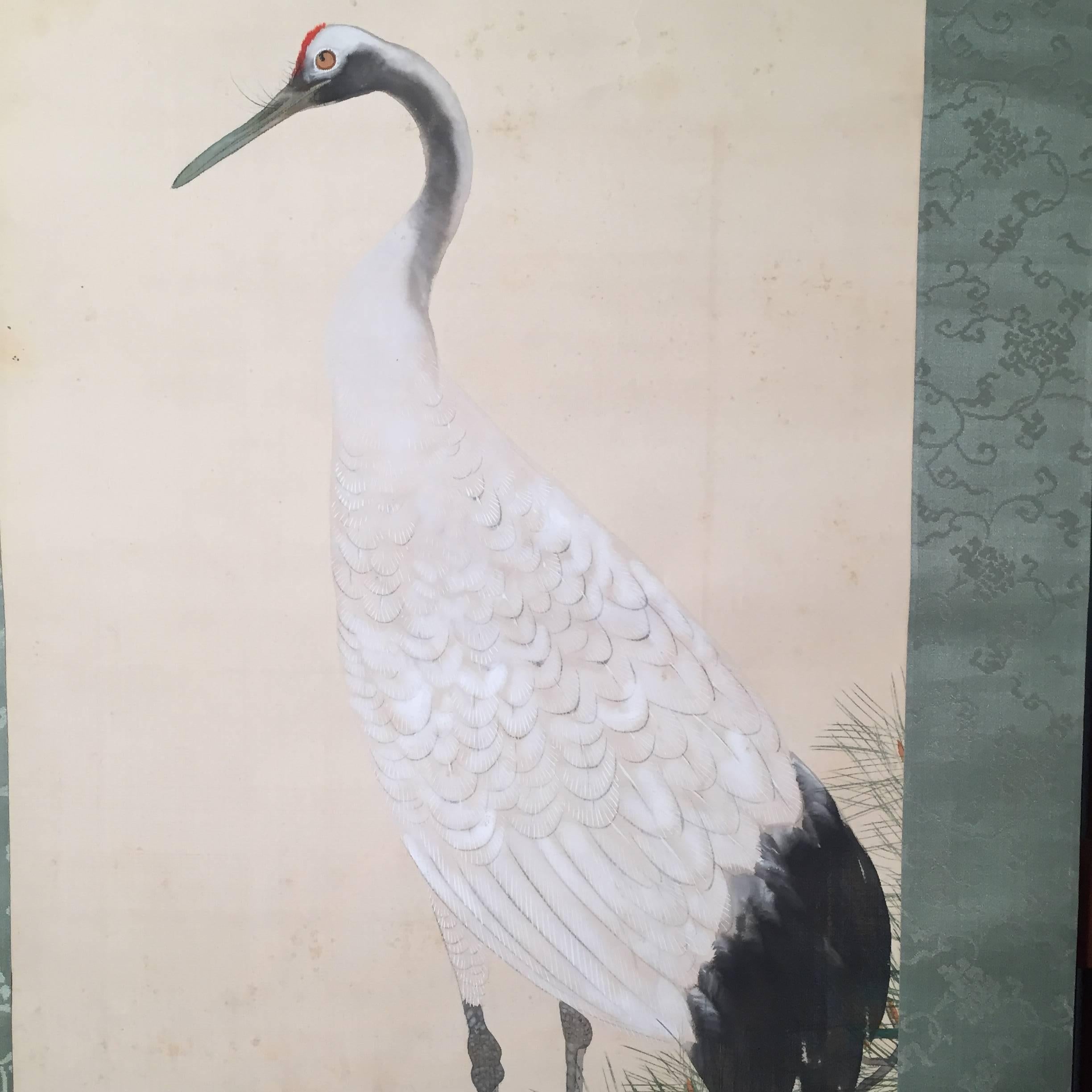 Showa Magnificent Red-Crowned Crane Japan Antique Hand Painted Silk Scroll