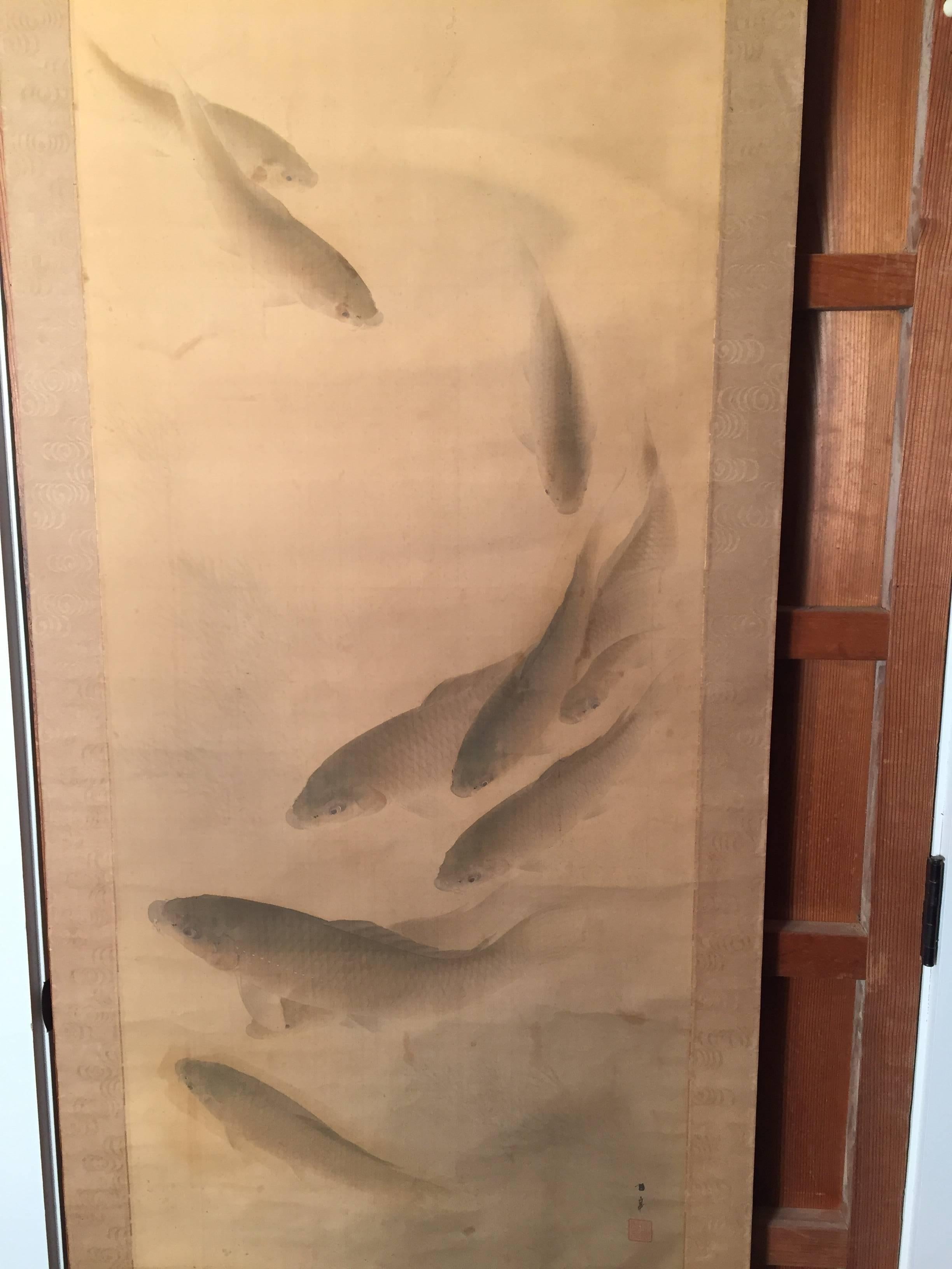 Swirl of Koi Fish Early Antique Japanese Hand Painting on Silk, Signed 1