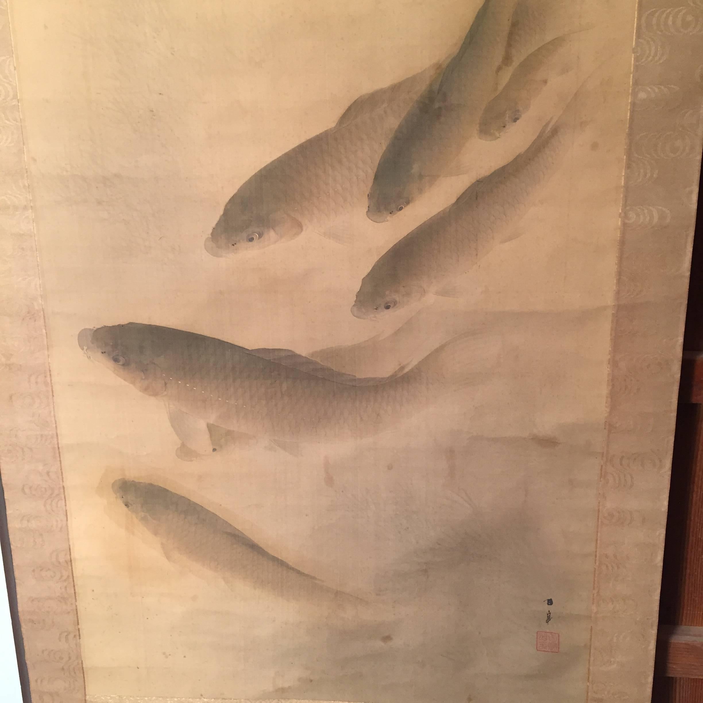 Swirl of Koi Fish Early Antique Japanese Hand Painting on Silk, Signed In Good Condition In South Burlington, VT