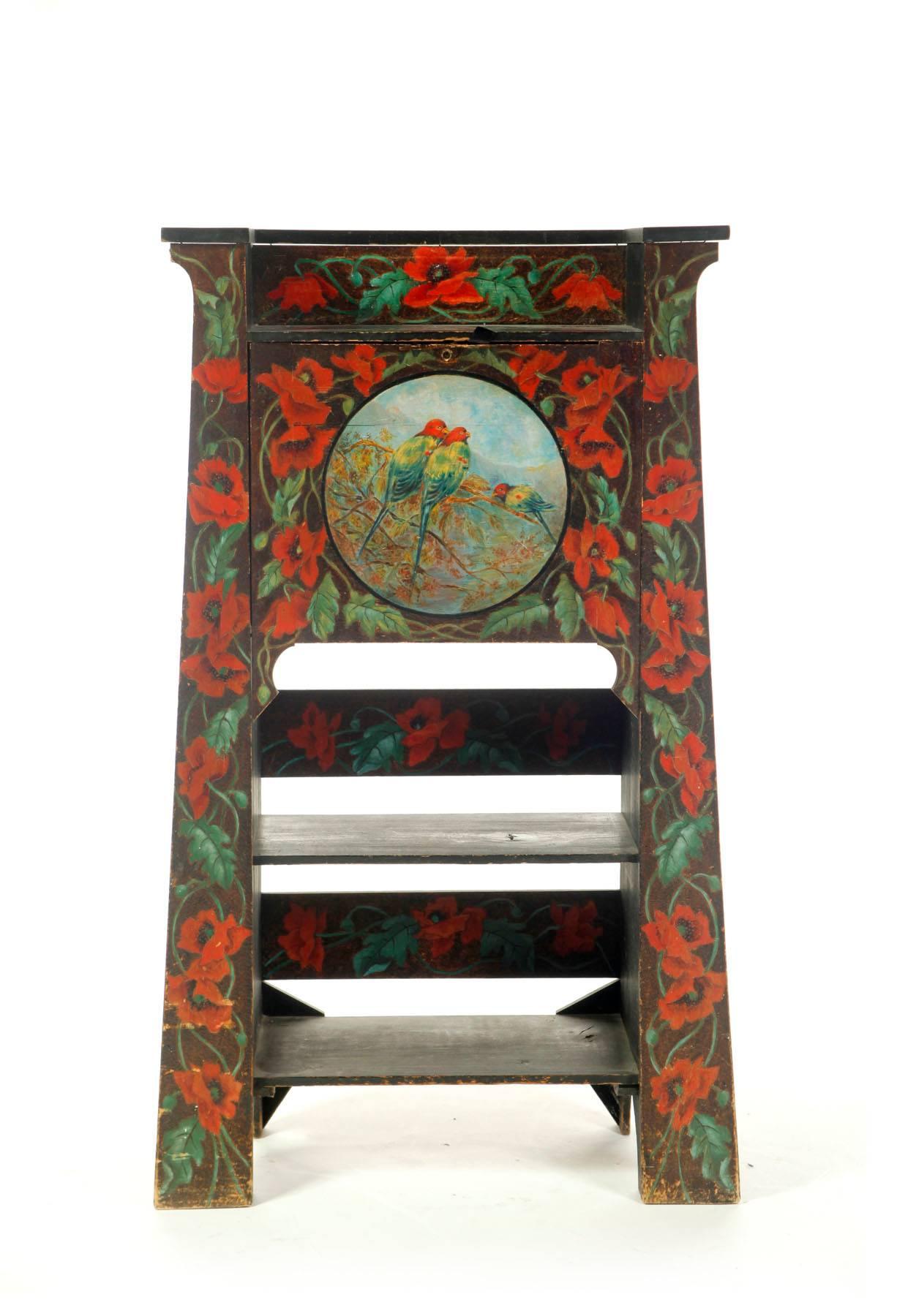 Love Birds and Poppies

This is an original and beautiful hand-painted and hand incised fall front desk. This unique work of art is hand-painted on front with a roundel of three vibrant and colorful birds against a mountain scape and bouquets and
