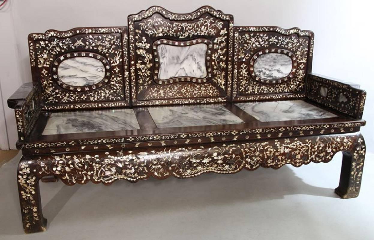 Fine Chinese Antique Marble Dream Stone Inlaid Settee Count Haller v.Hallerstein In Good Condition In South Burlington, VT