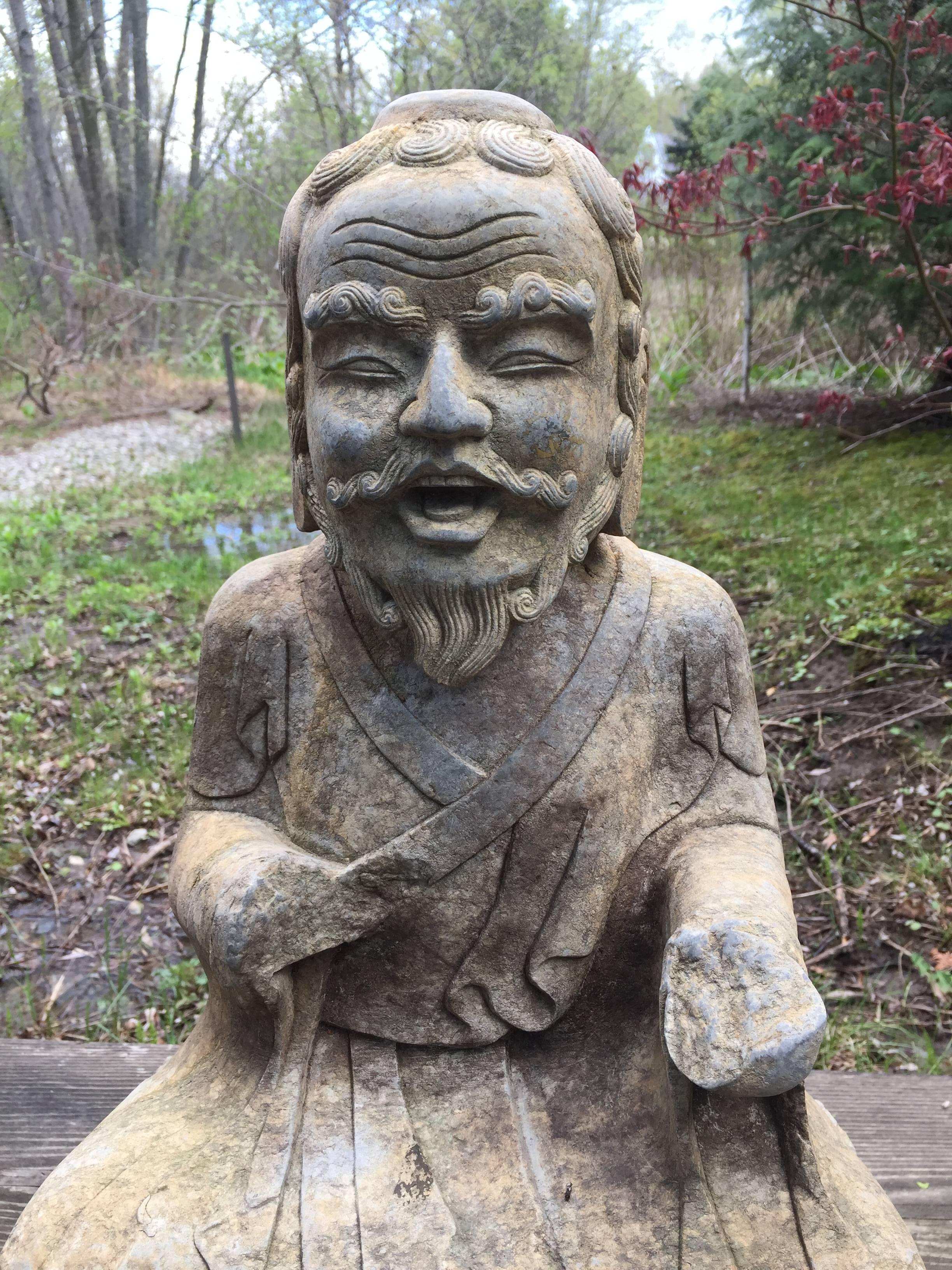 Large Chinese Old Stone Buddhist Bearded Bodhidharma Hand-Carved Figure  In Good Condition In South Burlington, VT