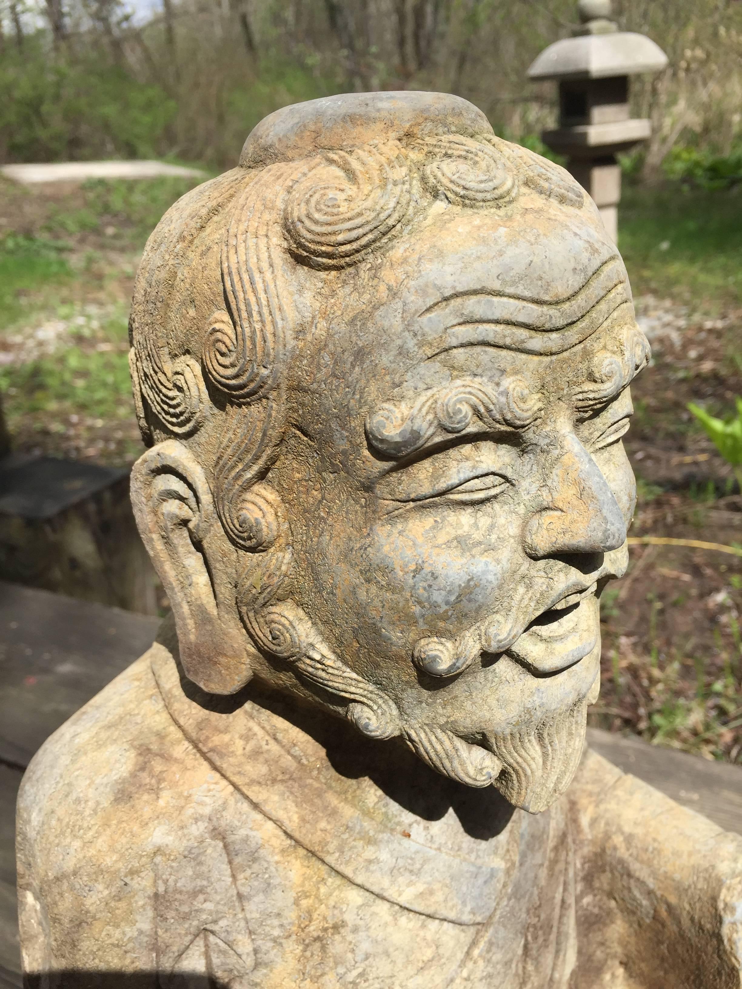 Limestone Large Chinese Old Stone Buddhist Bearded Bodhidharma Hand-Carved Figure 