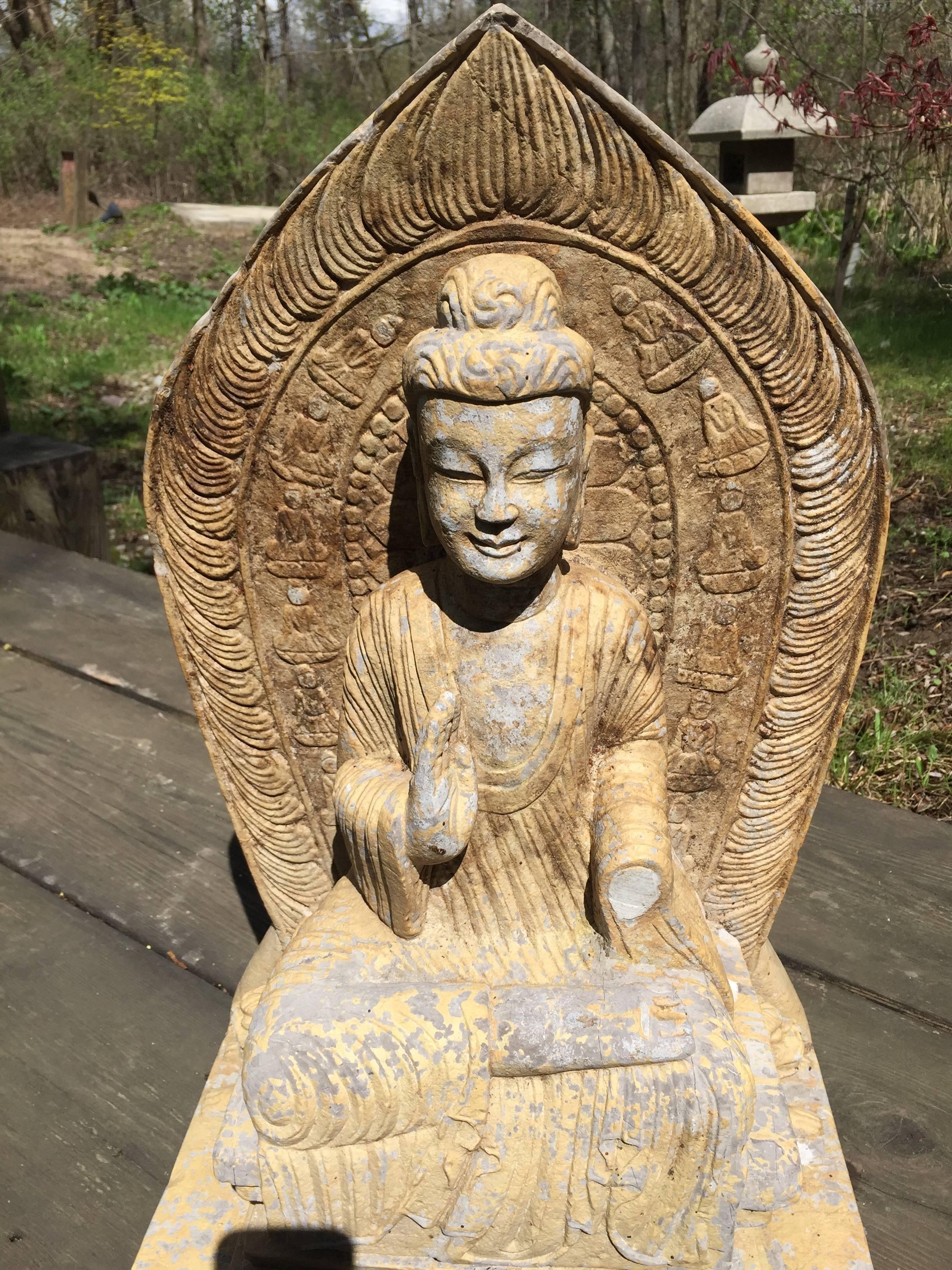 Chinese Antique Large Seated Stone Buddha Guan Yin with Inscription In Good Condition In South Burlington, VT