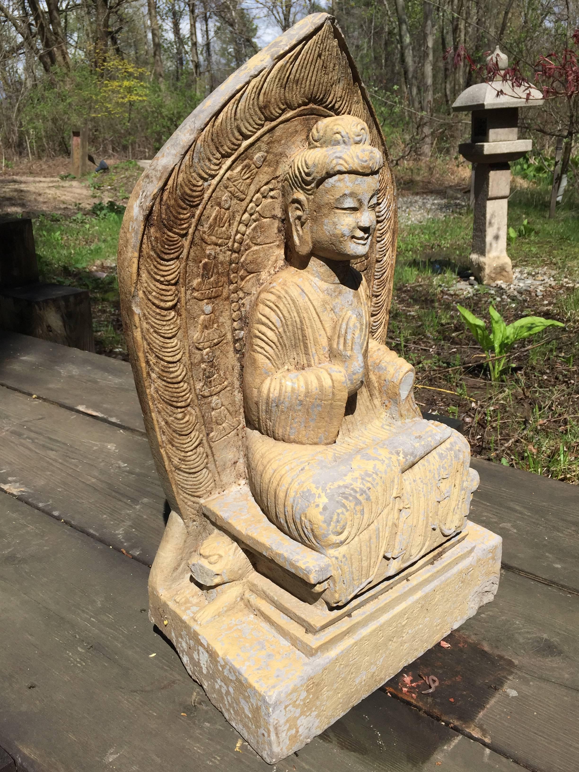 Hand-Carved Chinese Antique Large Seated Stone Buddha Guan Yin with Inscription