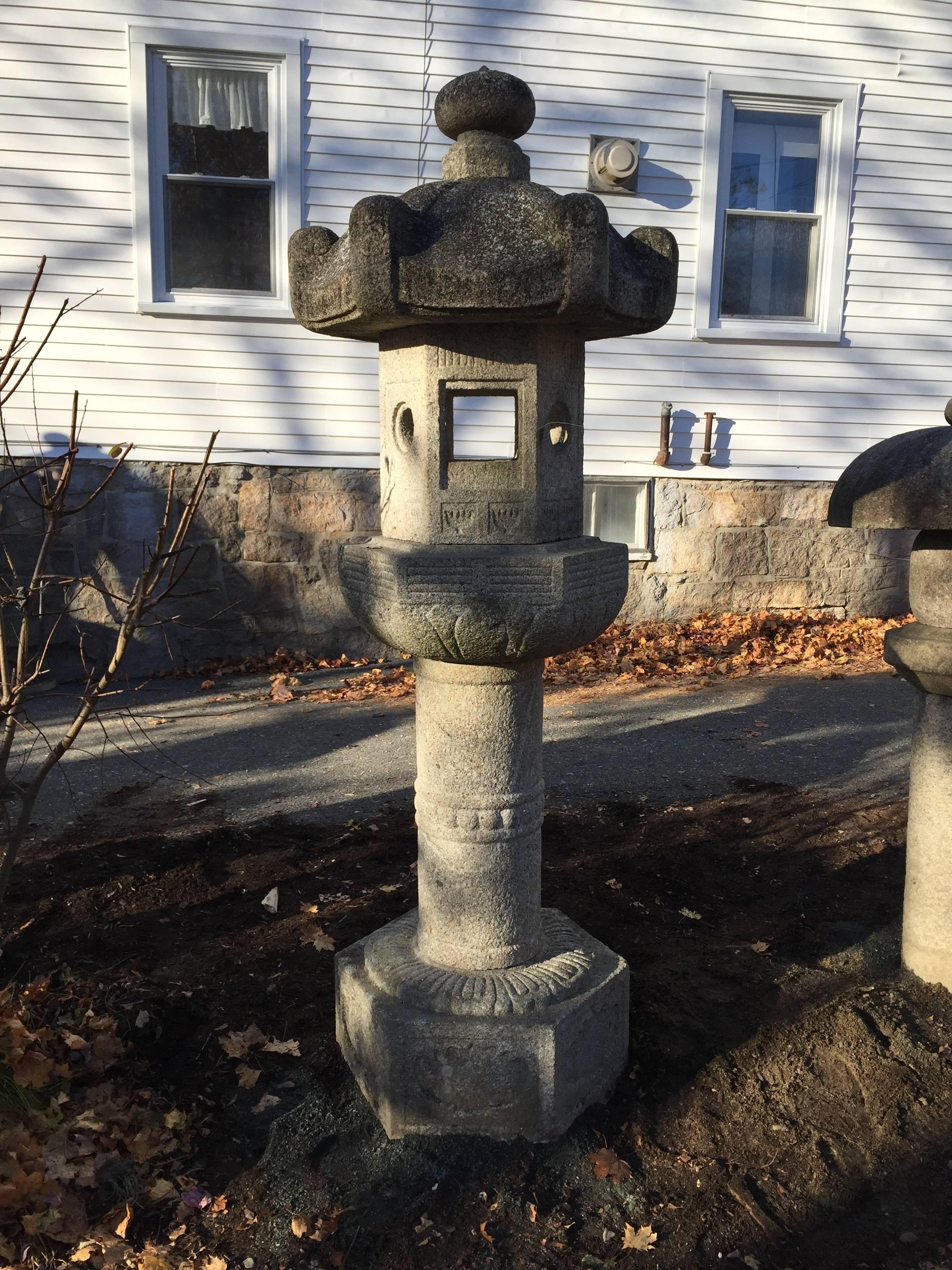 SALE - NOW SAVE 20% OR MORE

An Antique Beauty.

Japan, a fine tall temple shrine granite stone lantern with beautifully engraved designs, six pieces.

Dimensions: 96 inches tall and 34 inches diameter, six pieces

Period: Edo to Meiji period