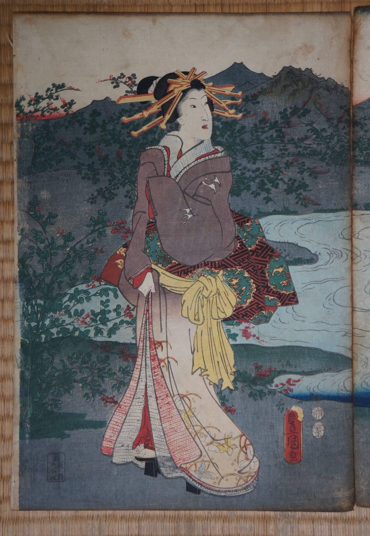 A collection or triptych of three attractive Japanese antique woodblock prints of beautifully dressed Bijins (beautiful person or women) dating to the 19th century. All signed by Utagawa Toyokuni.

They possess good vibrant color and are