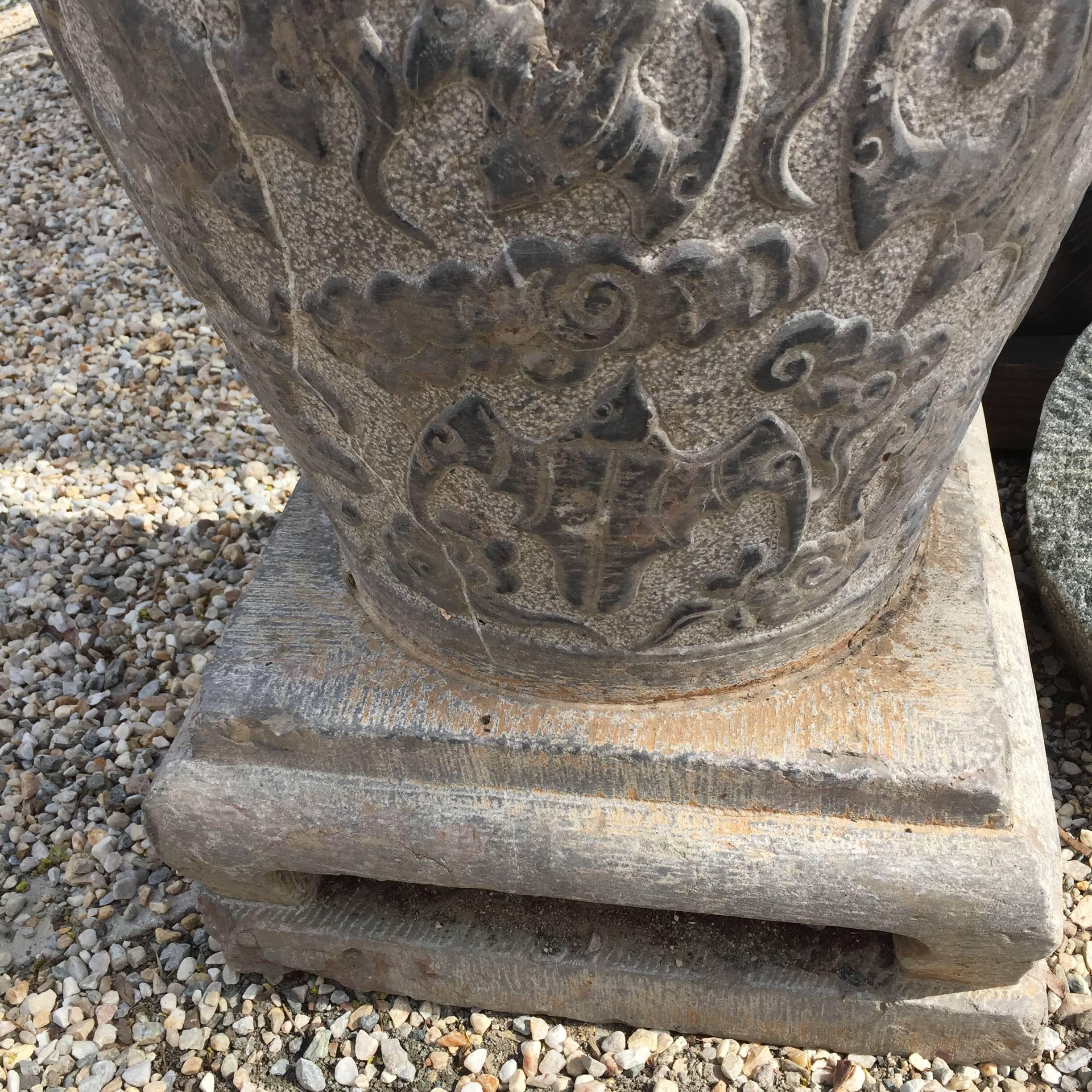 Limestone Chinese Pair Old  & tall  Stone Pedestal Display Bases fine details, 30