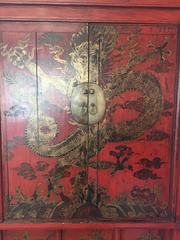 Chinese Antique Red "Dragon" Cabinet Lacquered Gold Gilt Details Qing Dynast