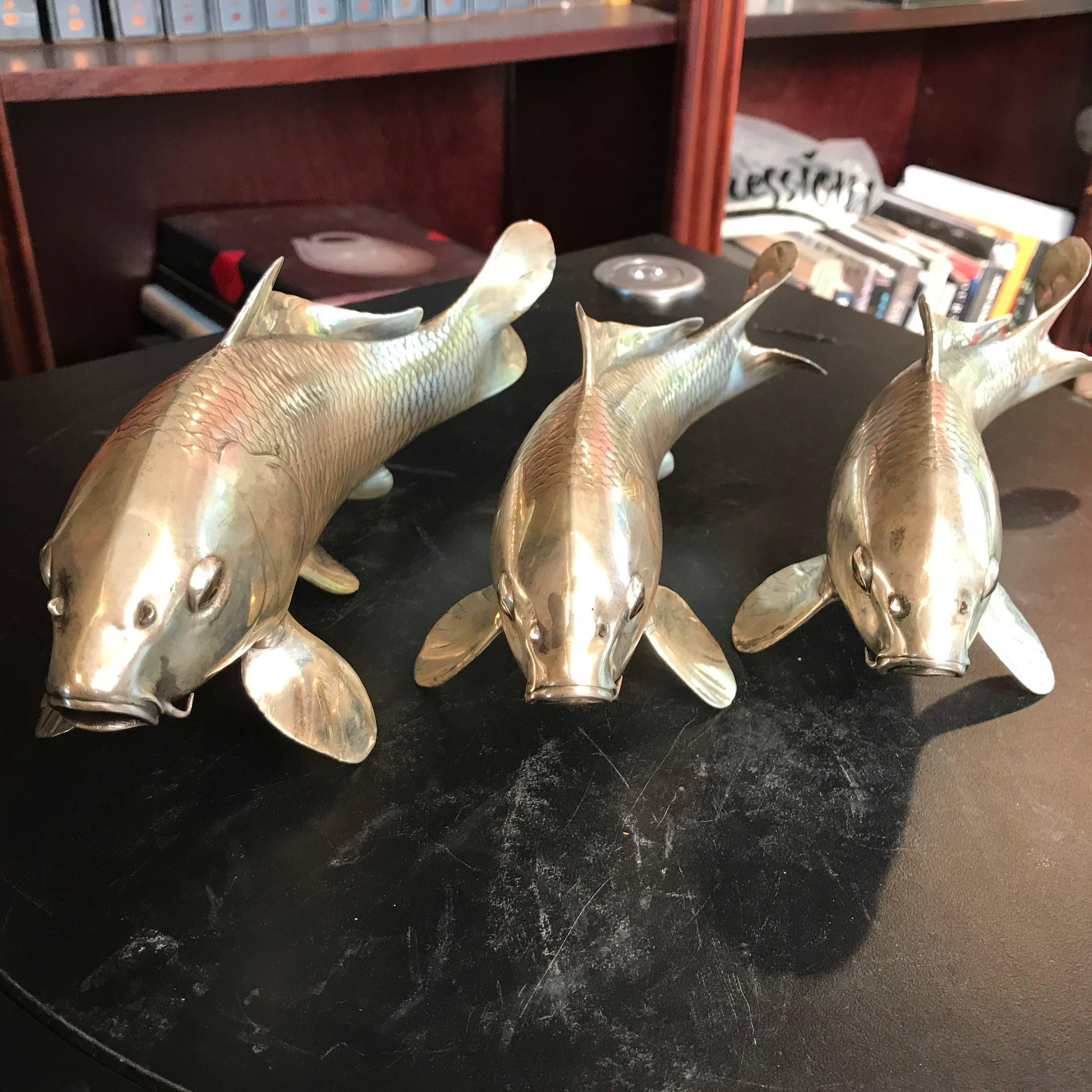 Hand-Crafted Japan Fine Silver Bronze Fish Koi Prosperity Set Three  Mint, Signed & Boxed