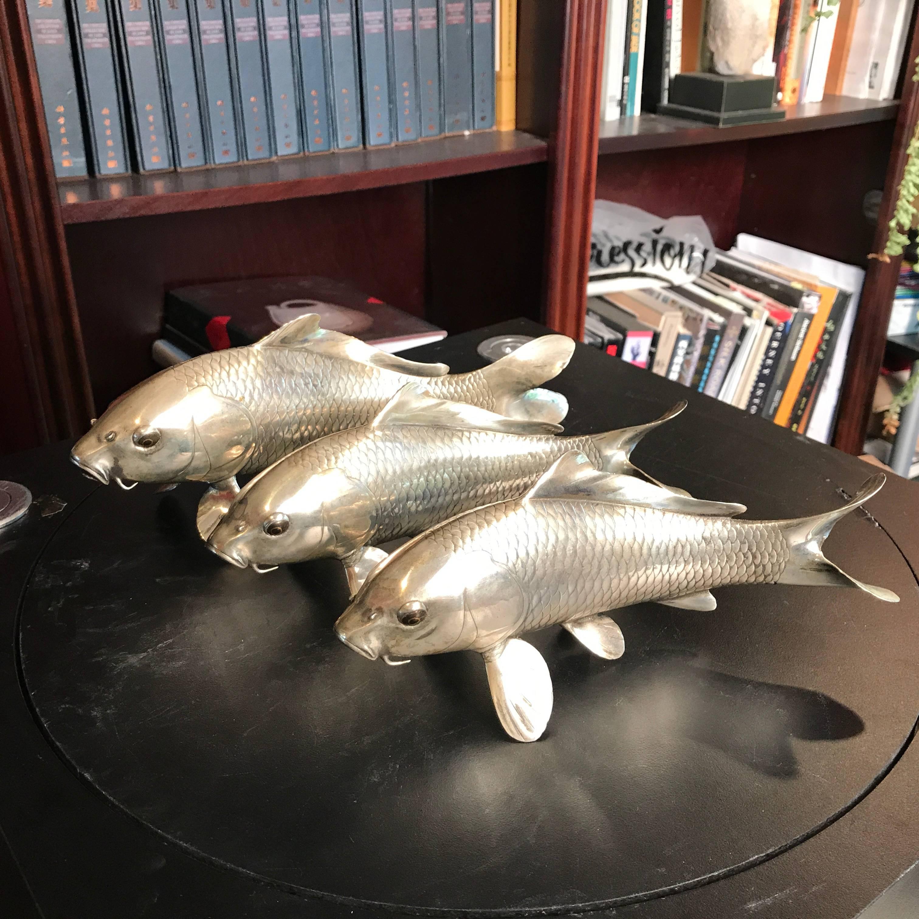 Showa Japan Fine Silver Bronze Fish Koi Prosperity Set Three  Mint, Signed & Boxed