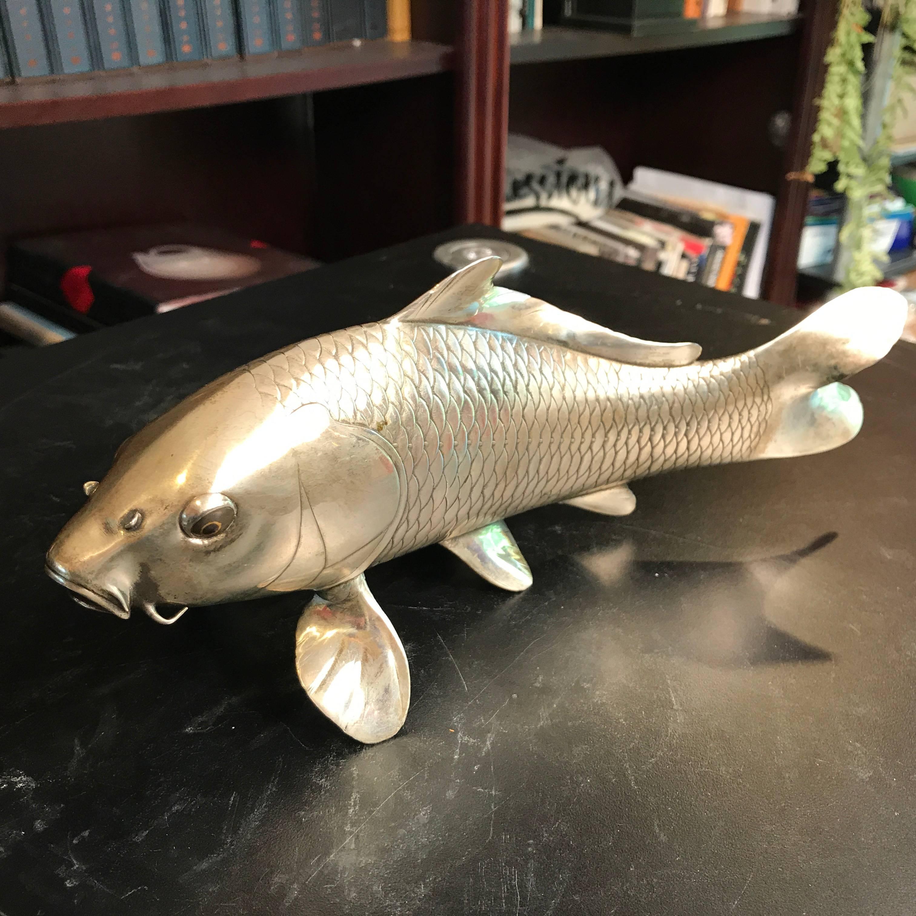 Japan Fine Silver Bronze Fish Koi Prosperity Set Three  Mint, Signed & Boxed In Excellent Condition In South Burlington, VT