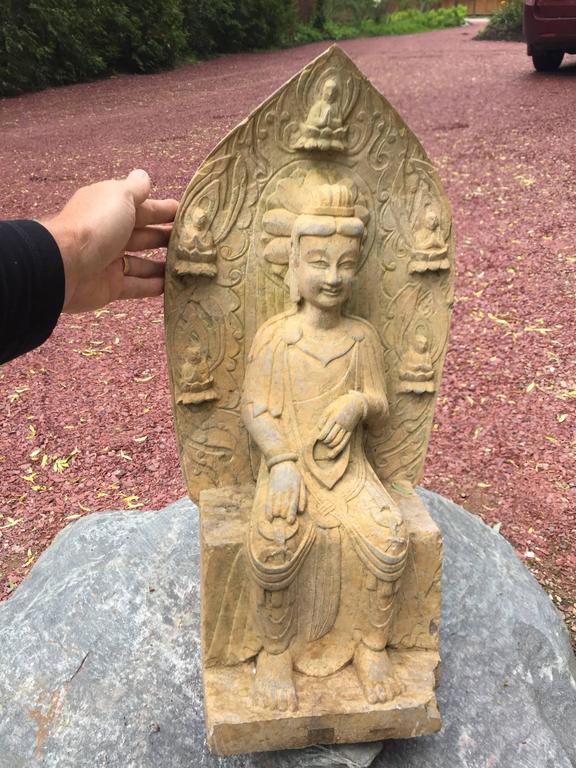 Pretty Chinese Guanyin Old Stone Sculpture with Attendants For Sale at 1stDibs