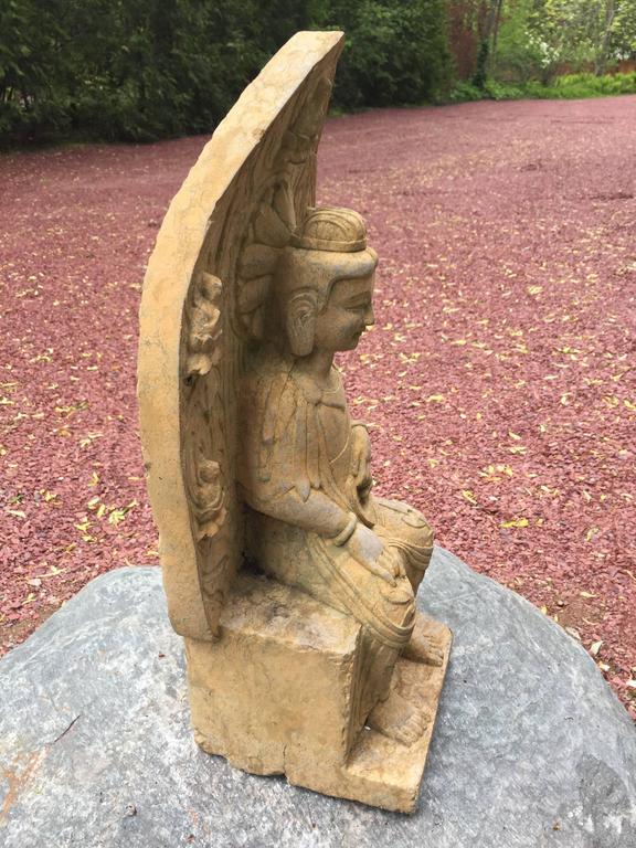 Pretty Chinese Guanyin Old Stone Sculpture with Attendants For Sale at 1stDibs