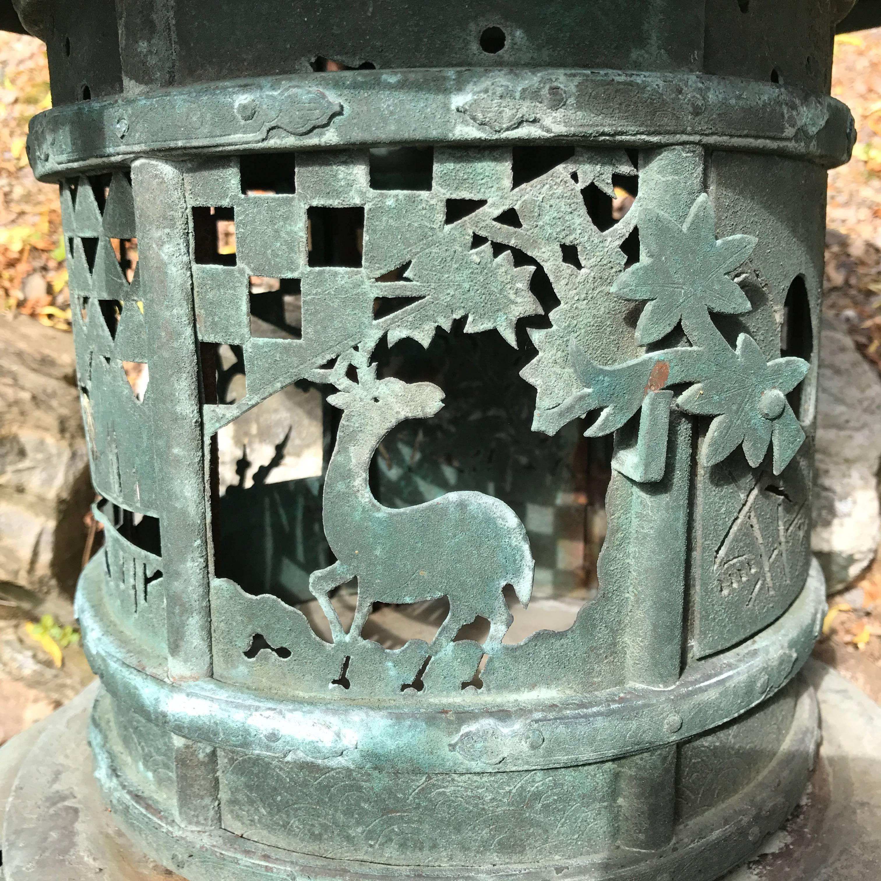 Japanese Antique Lantern Handmade with Rare Deer and Crane Motif In Good Condition In South Burlington, VT