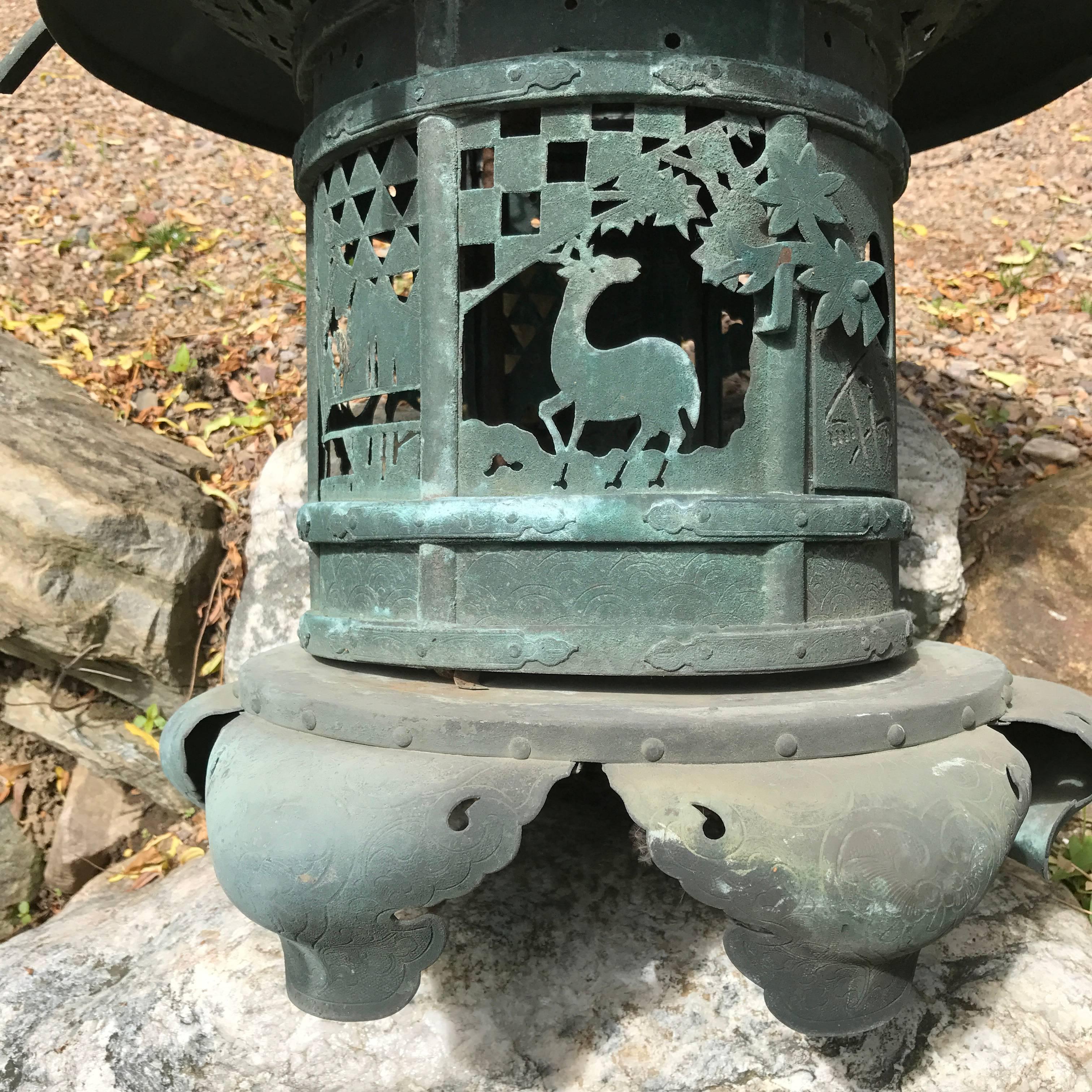 Hand-Crafted Japanese Antique Lantern Handmade with Rare Deer and Crane Motif