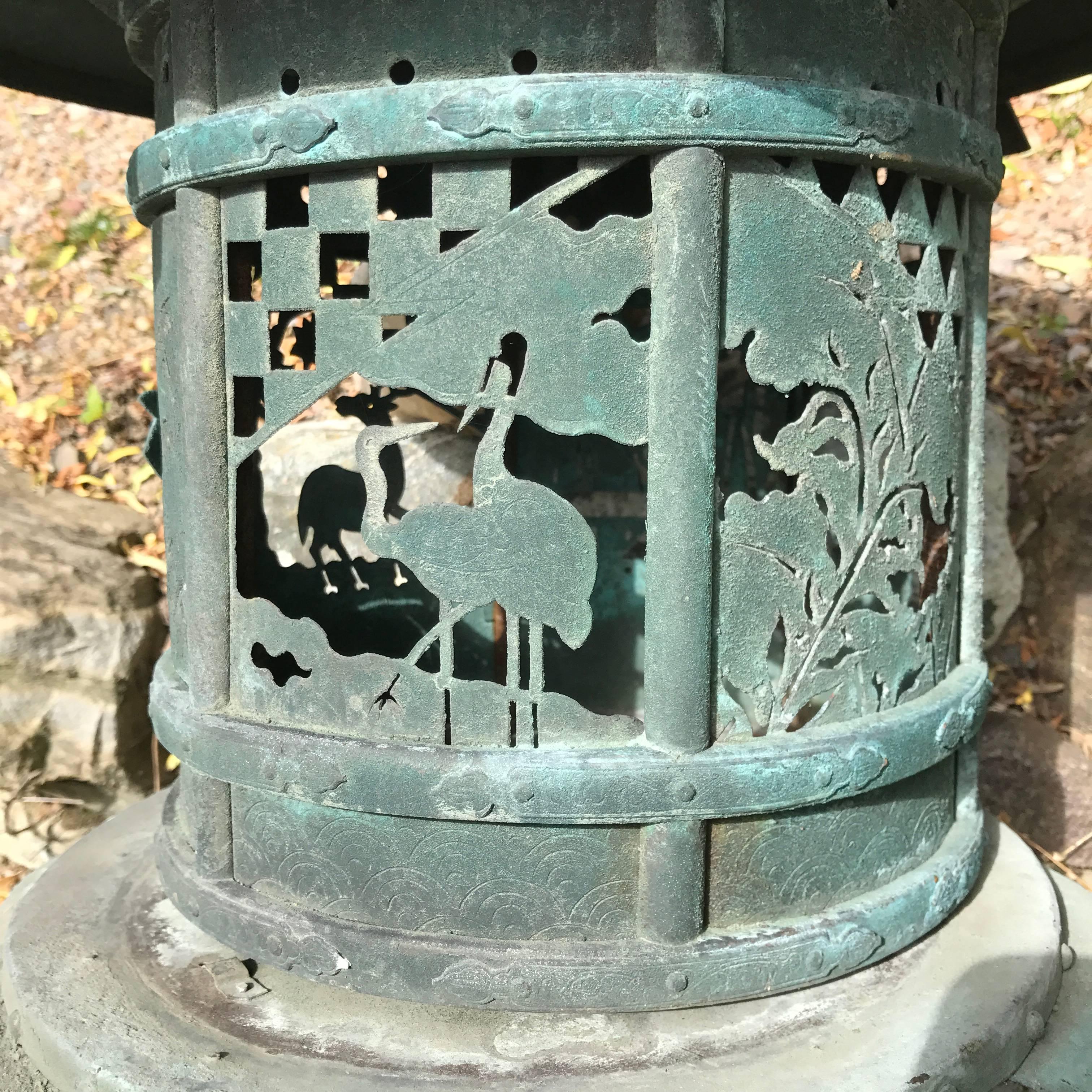20th Century Japanese Antique Lantern Handmade with Rare Deer and Crane Motif