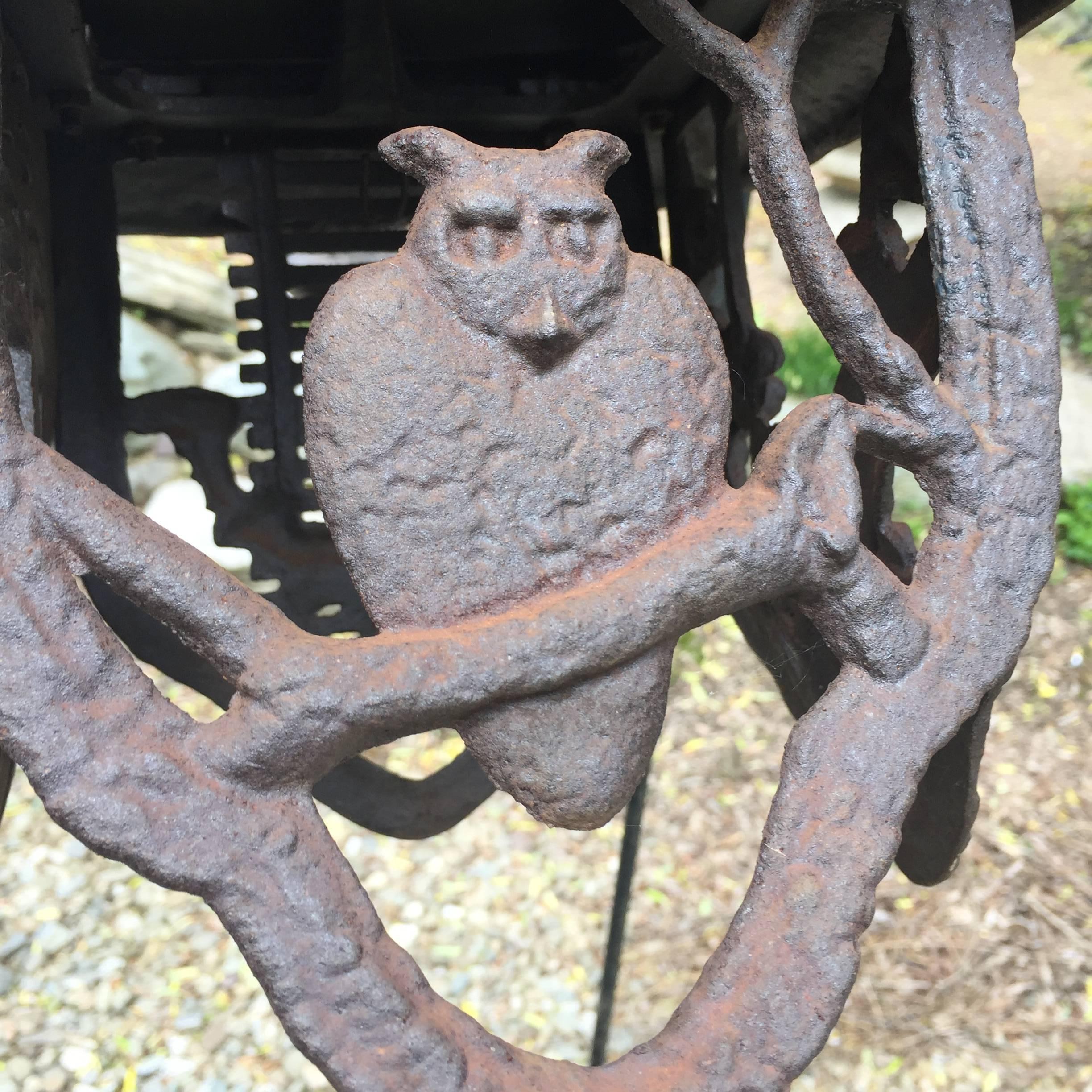 Here's an unusual recent acquisition coming from our recent travels to Japan. It could be a beautiful and unique way to accent your indoor or outdoor garden space.

This is a hand cast iron hanging lantern with a rare motif of an owl displayed on