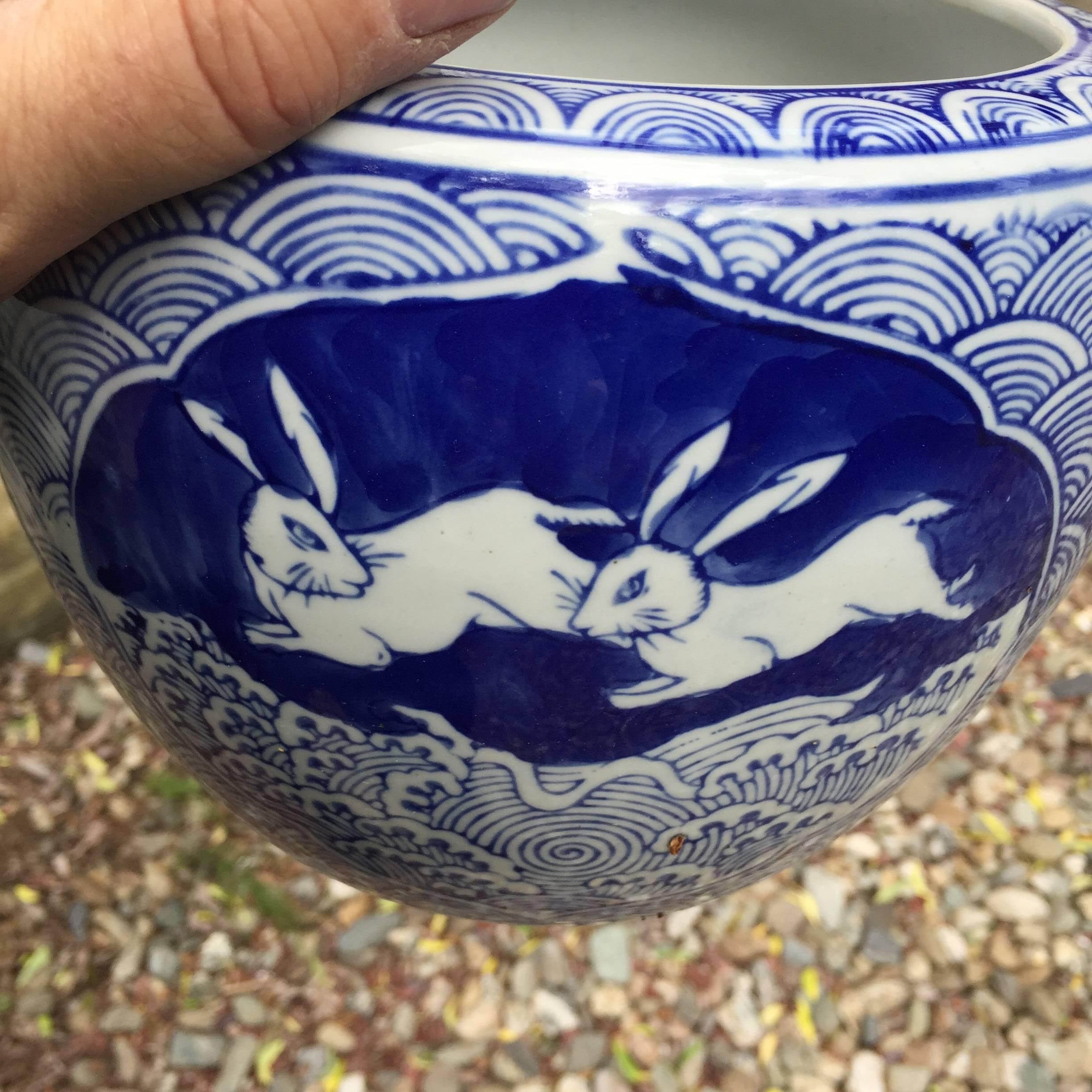 Japanese Old Japan Pair of PLAYFUL RABBIT Planters Bowls Mint Condition
