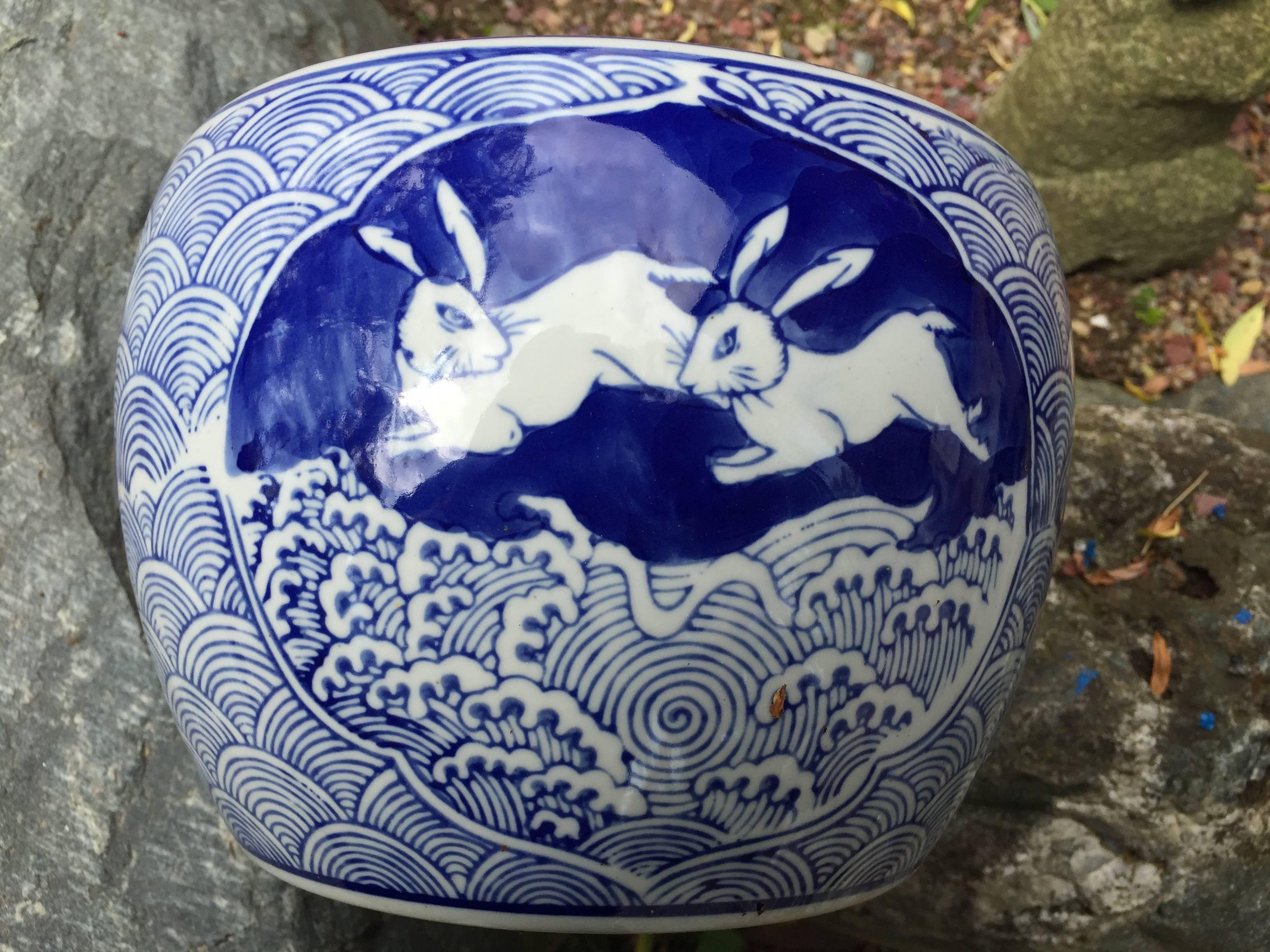 Showa Old Japan Pair of PLAYFUL RABBIT Planters Bowls Mint Condition