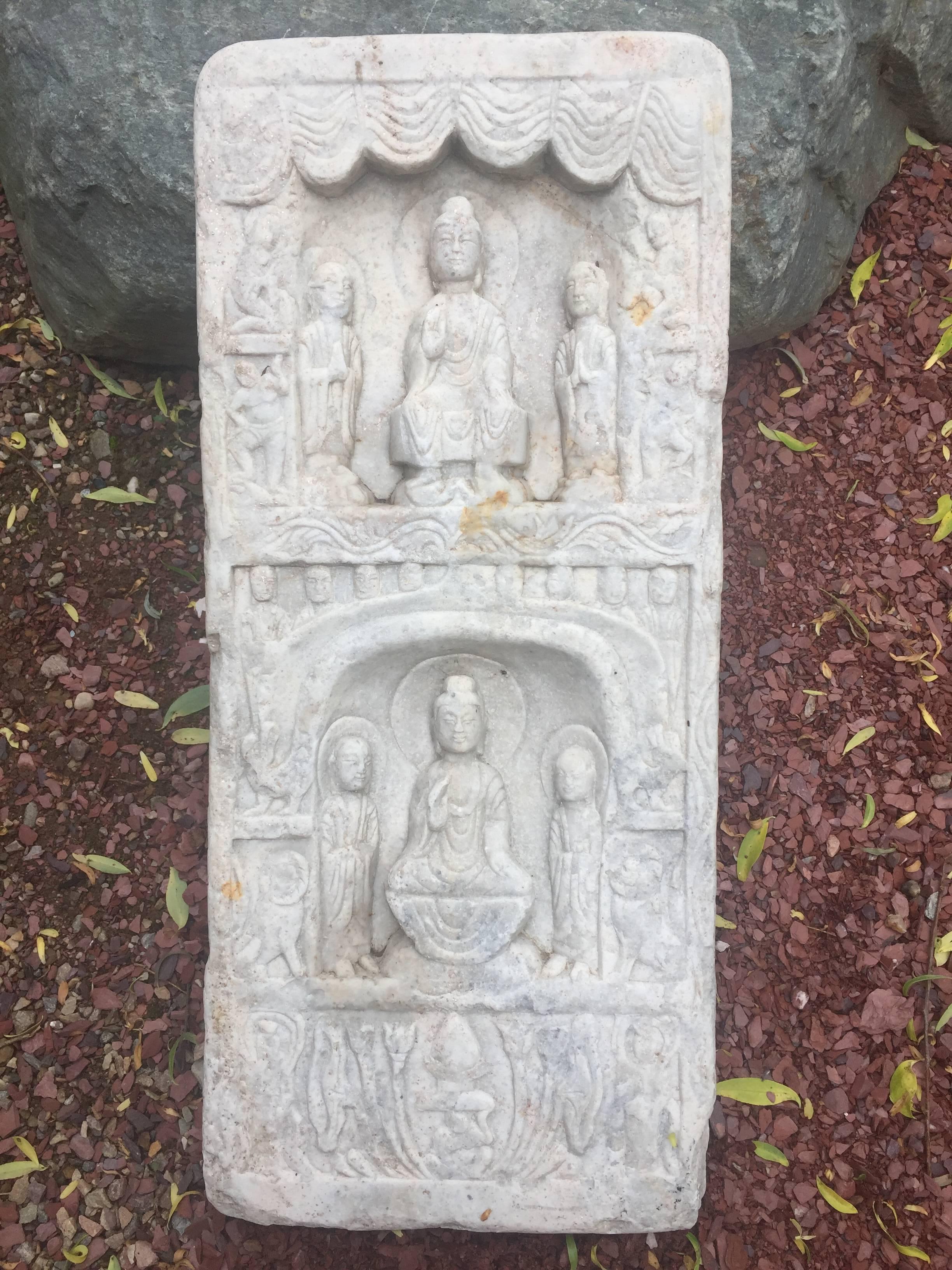 Good garden candidate.

This handsome, older hand-carved marble sculpture of a Double Buddha comes from a fifty year old Chinese antique stone collection formed in the 1970s-1980s. We are offering this last Buddhist work of art from this one of a